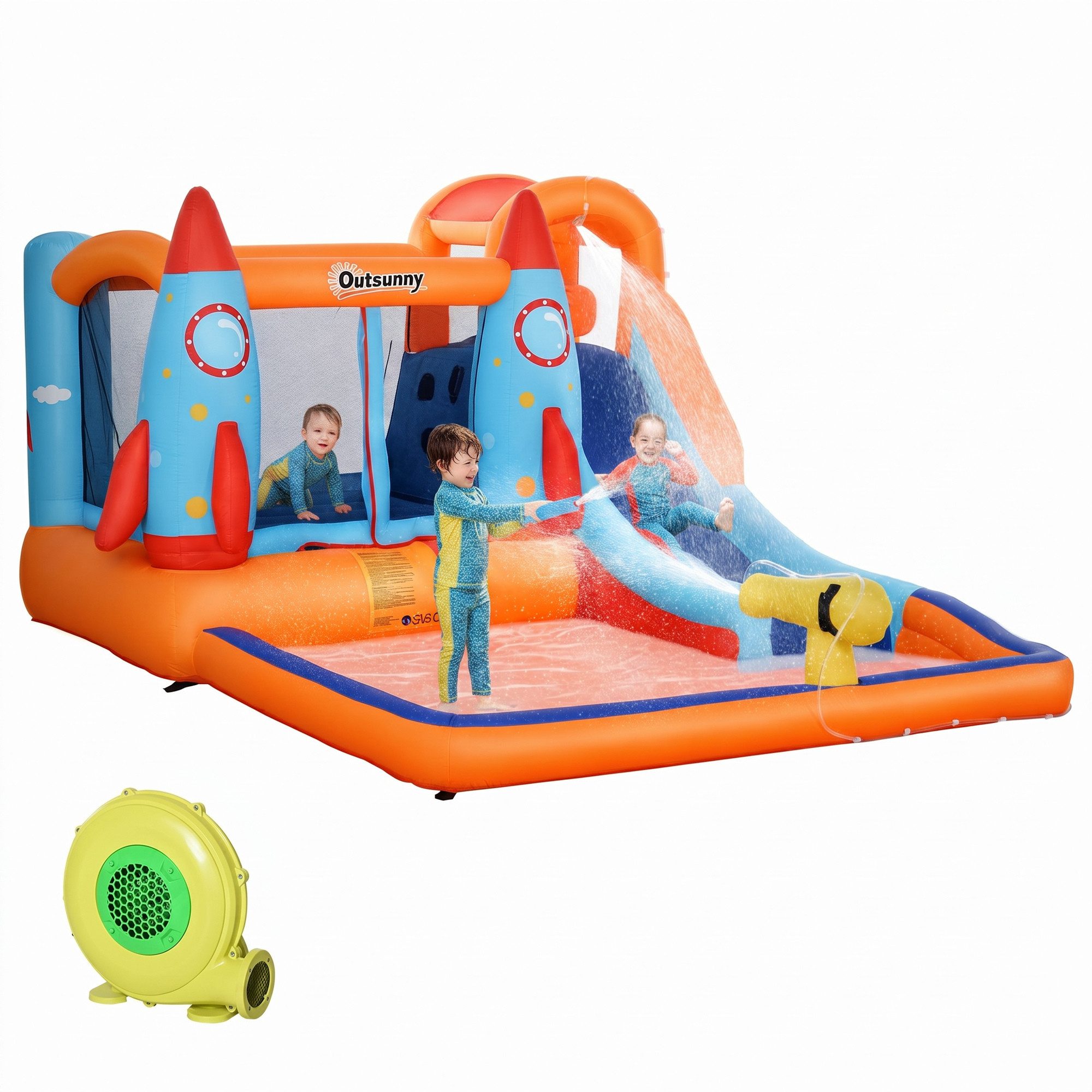 Outsunny Hüpfburg Aufblasbare Burg mit Rutsche und Gebläse für 3-8 Jahre, (Spielburg, 1-tlg., Springburg), Mehrfarbig 350 x 250 x 185 cm