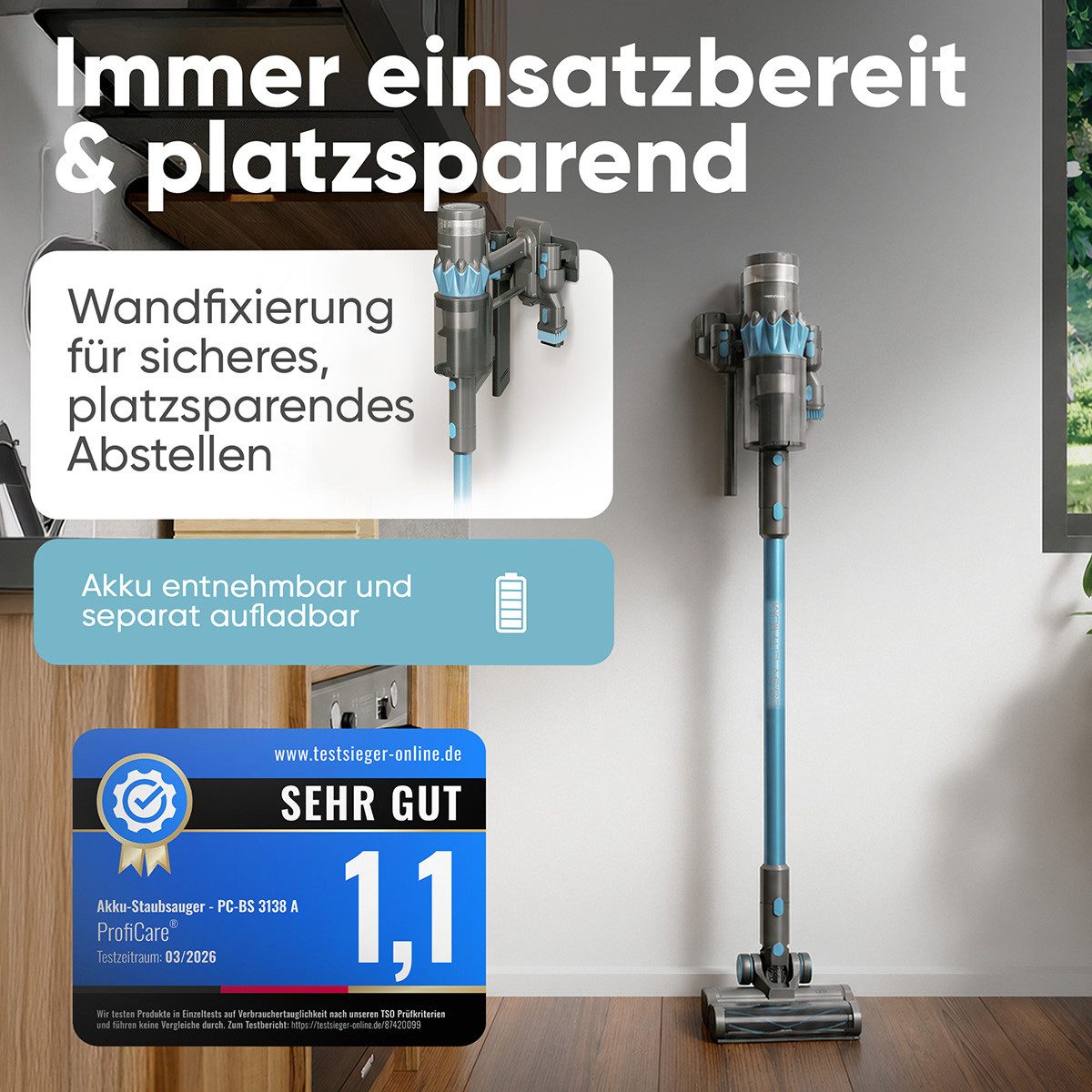 ProfiCare Akku-Bodenstaubsauger PC-BS 3138 A, Akku Staubsauger, 500W Motor, Staubsauger kabellos