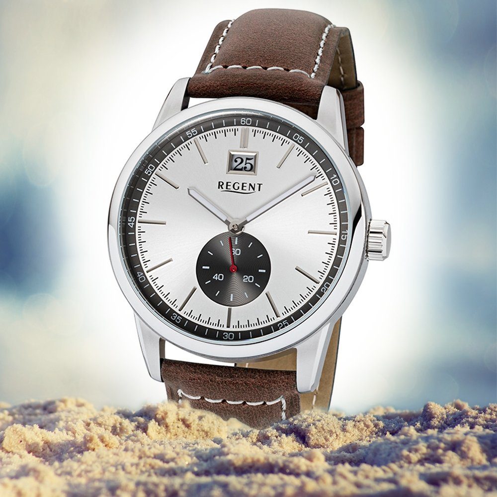 Regent Armbanduhr Herren-Armbanduhr groß Regent 42mm), Herren Lederarmband dunkelbraun, Quarzuhr rund, (ca.