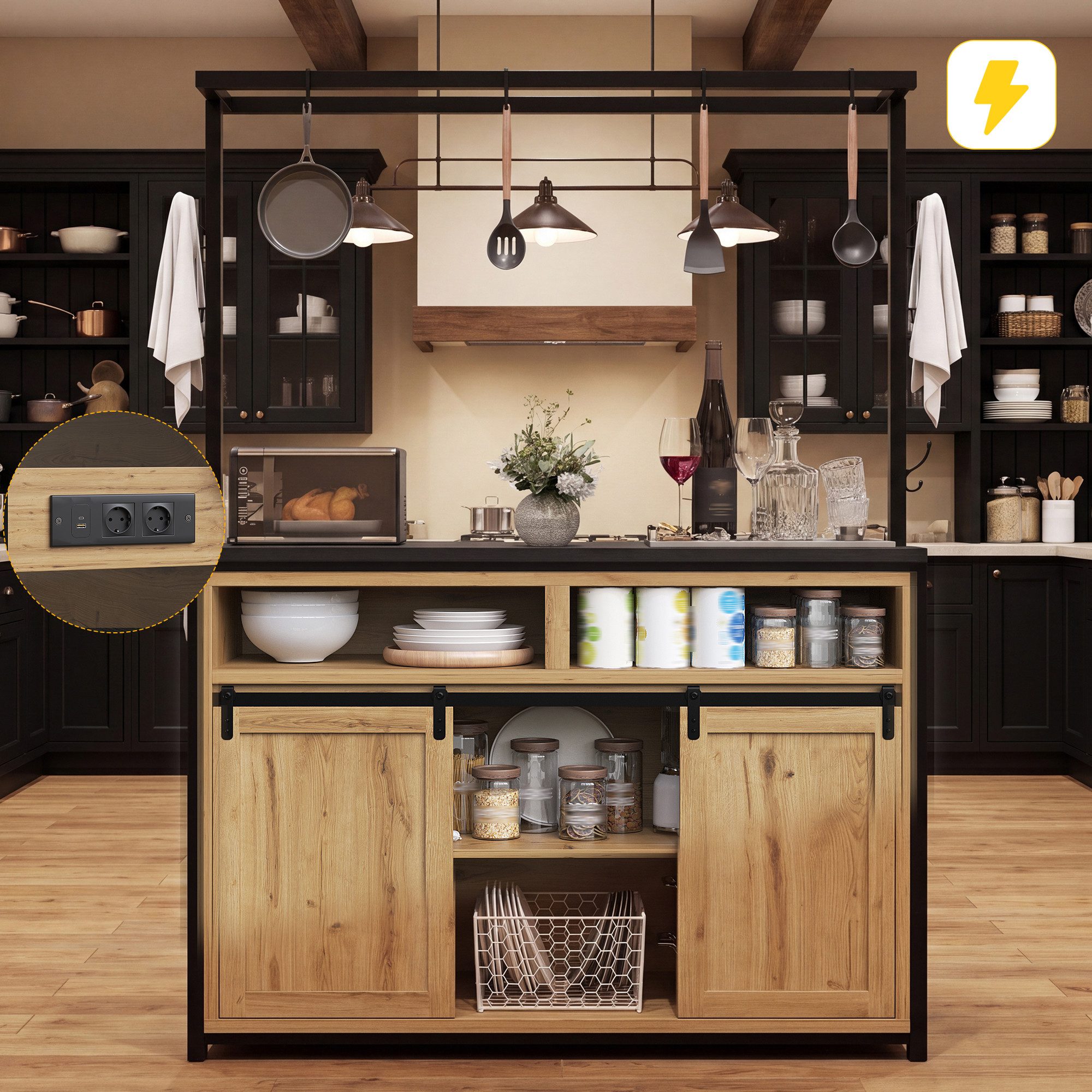 Flieks Kücheninsel 183cm hoher Küchenschrank mit Arbeitsplatte, Hängeregal & Steckdose, (107x62x183 cm), Highboard Küchenbuffet mit Schiebetüren und Haken Holzoptik Natur