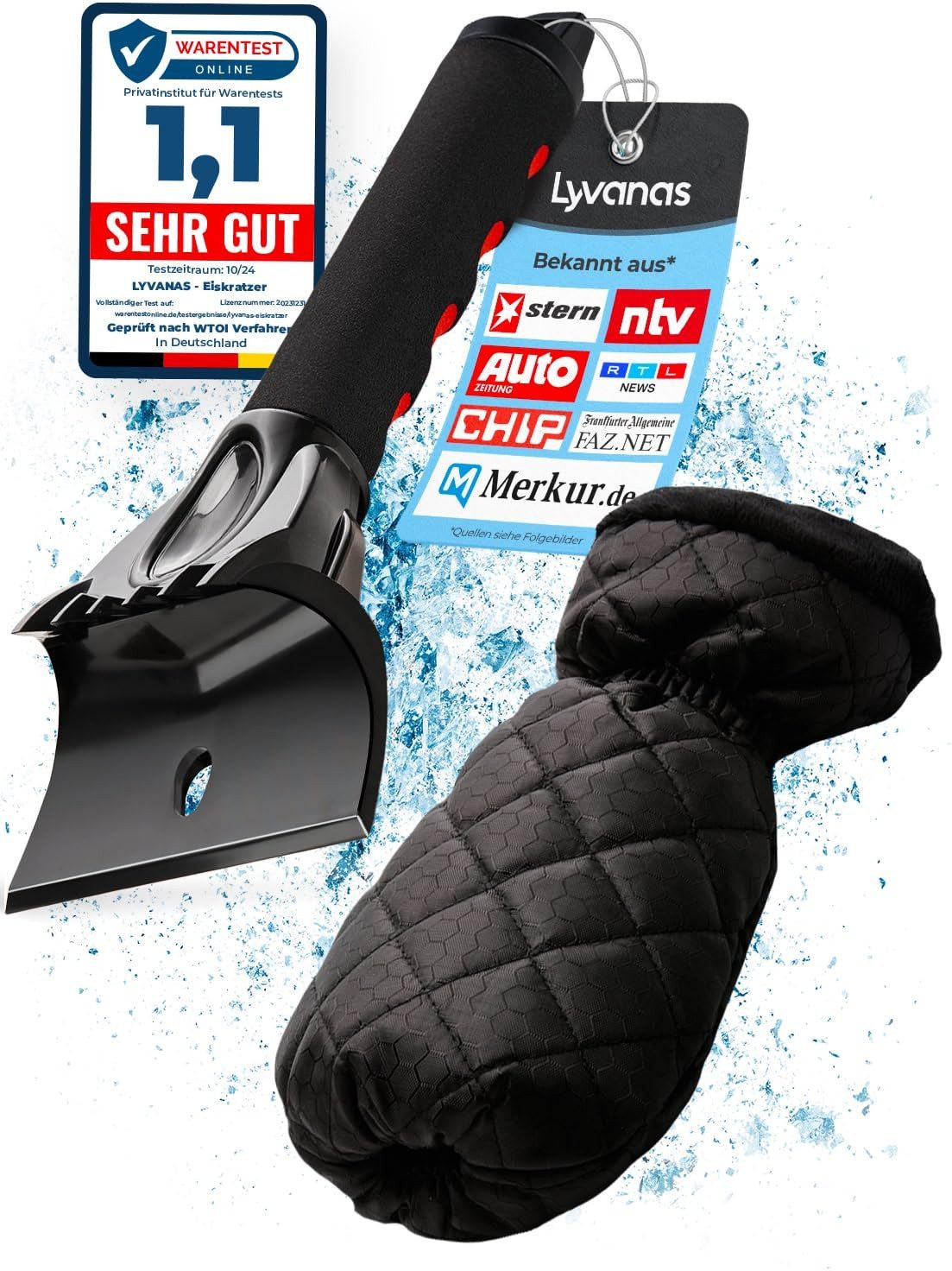 Lyvanas Eiskratzer Auto mit Handschuh, Profi Scheibenkratzer Auto trifft auf Handschuh Top Effizienz kombiniert mit 100% Komfort