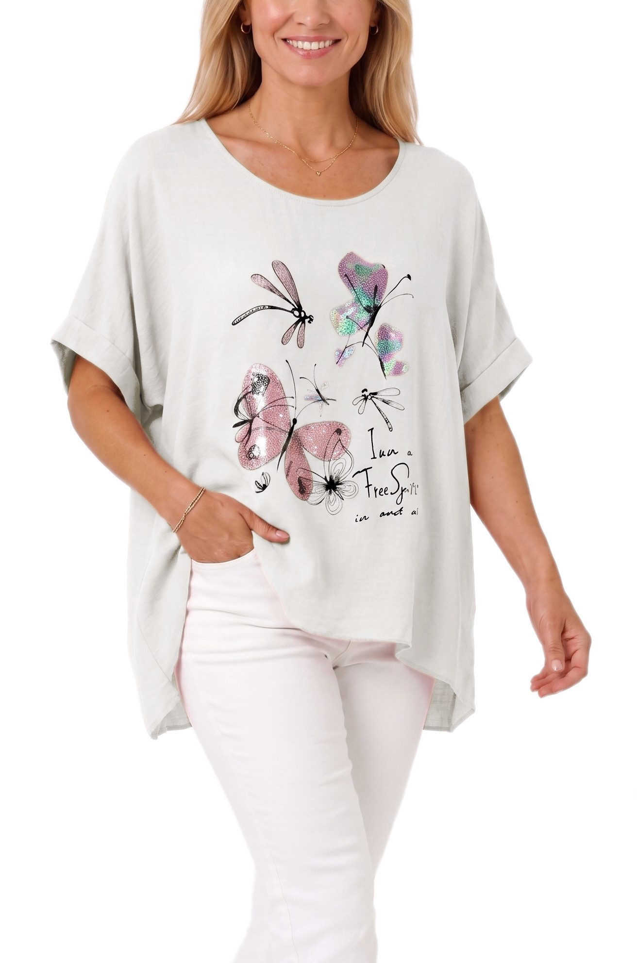 dy_mode Kurzarmshirt Damen Oversize Tunika Sommer Bluse mit Glitzer Shirtbluse Fledermausärmeln, Oversize, mit Glitzer-Steinchen