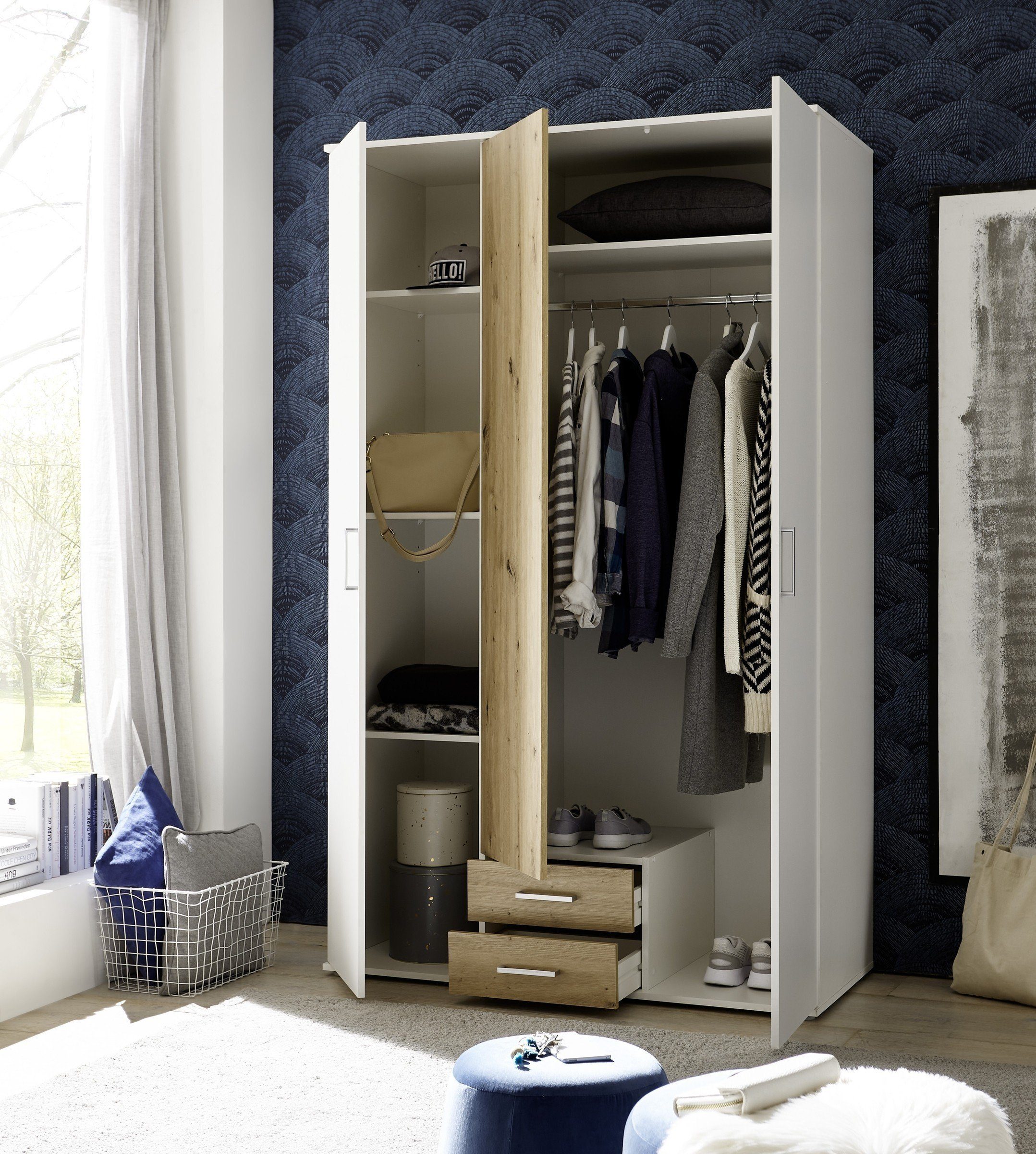 möbelando Kleiderschrank Marburg in Weiß / Artisan Eiche mit 2 Schubladen und 3 Türen