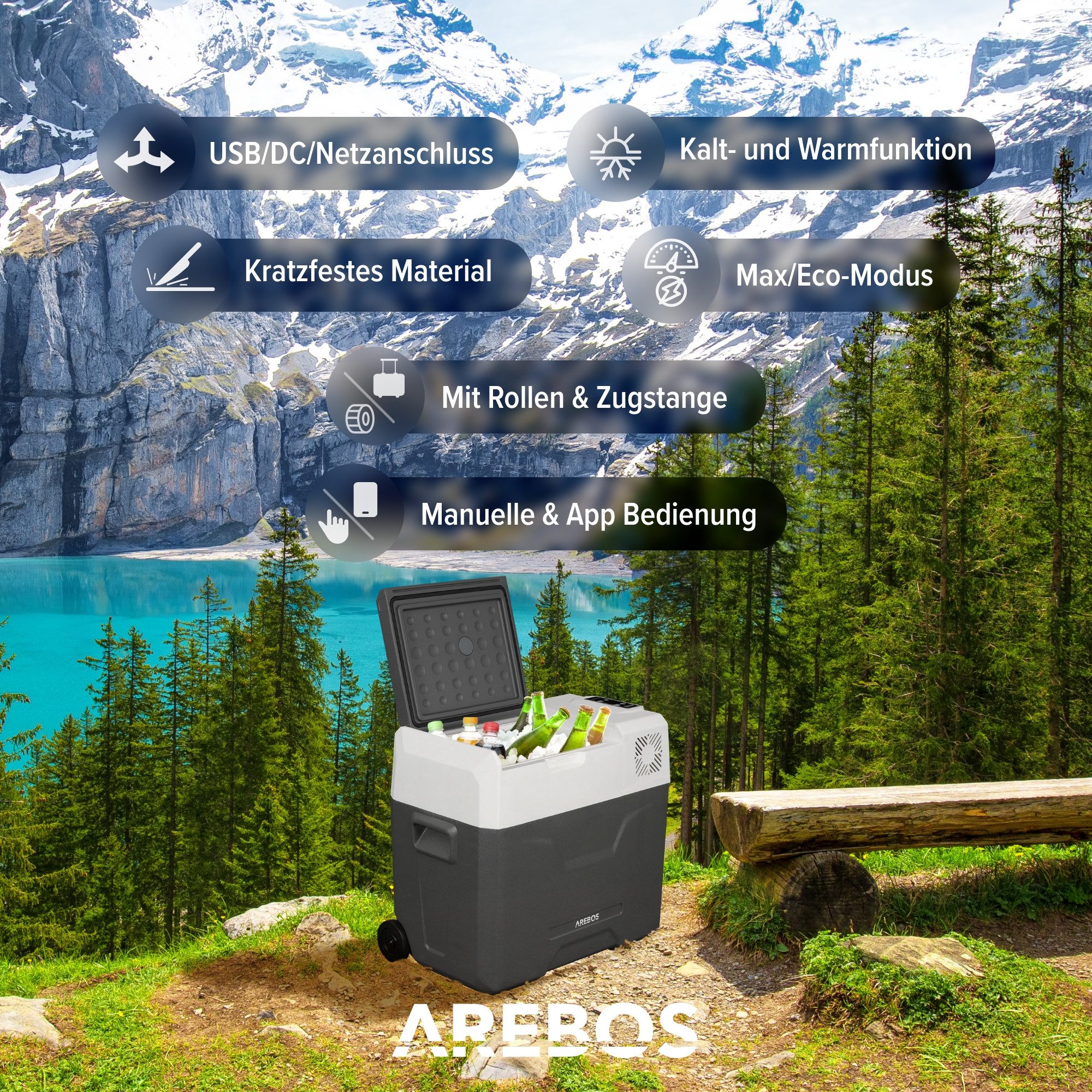 Arebos Kühlbox Elektrische Kompressor-Gefrierbox 27-47L mit Rollen & APP-Steuerung, Ablassschraube zum Wasserentfernen