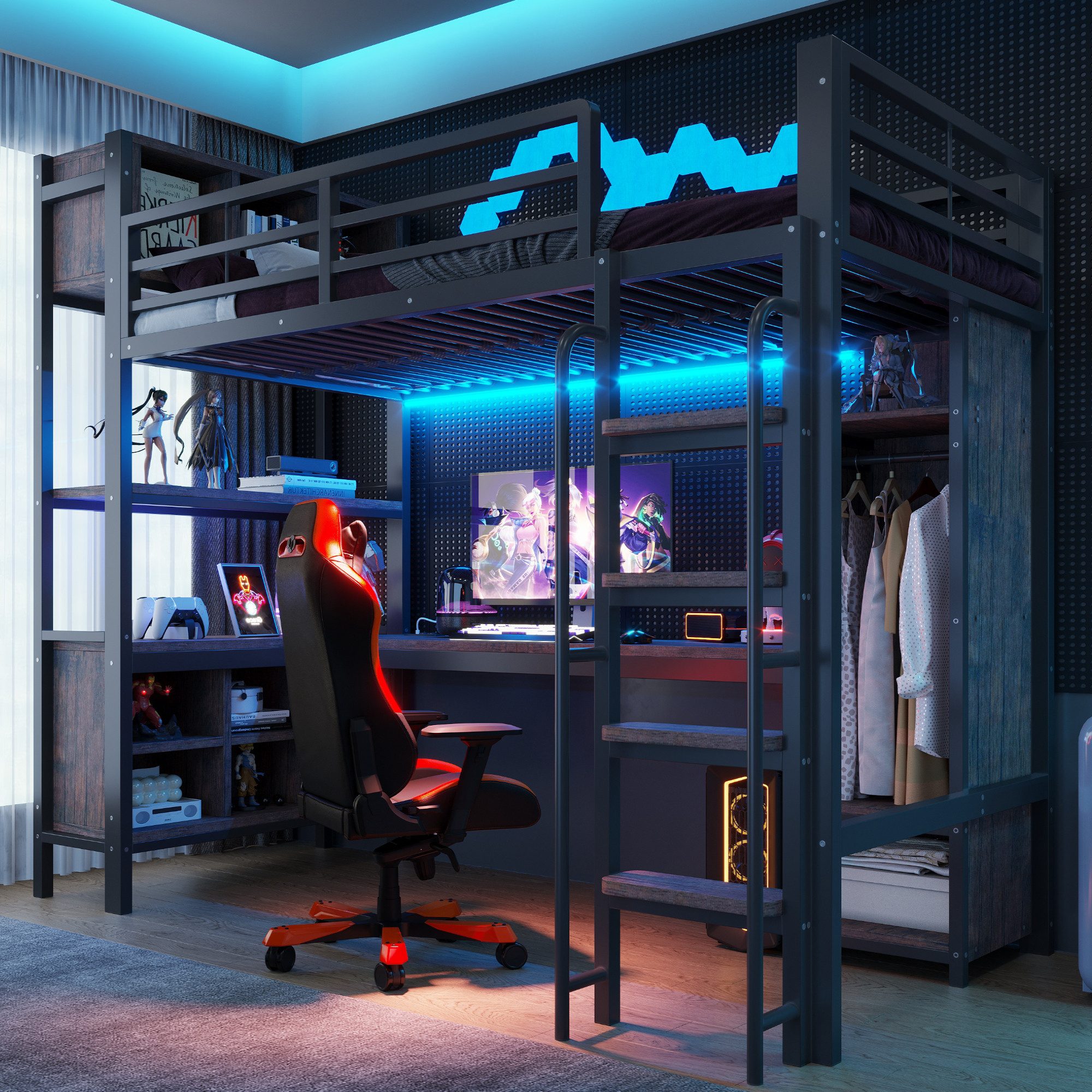 OKWISH Hochbett Metallbett Jugendbett (Gaming-Stil mit Schreibtisch, Kleiderschrank, Ablagefächern, 90x200 cm,LED-Beleuchtung, Steckdosen und hohem Sicherheitsgeländer, Kinderbett) ohne Matratze