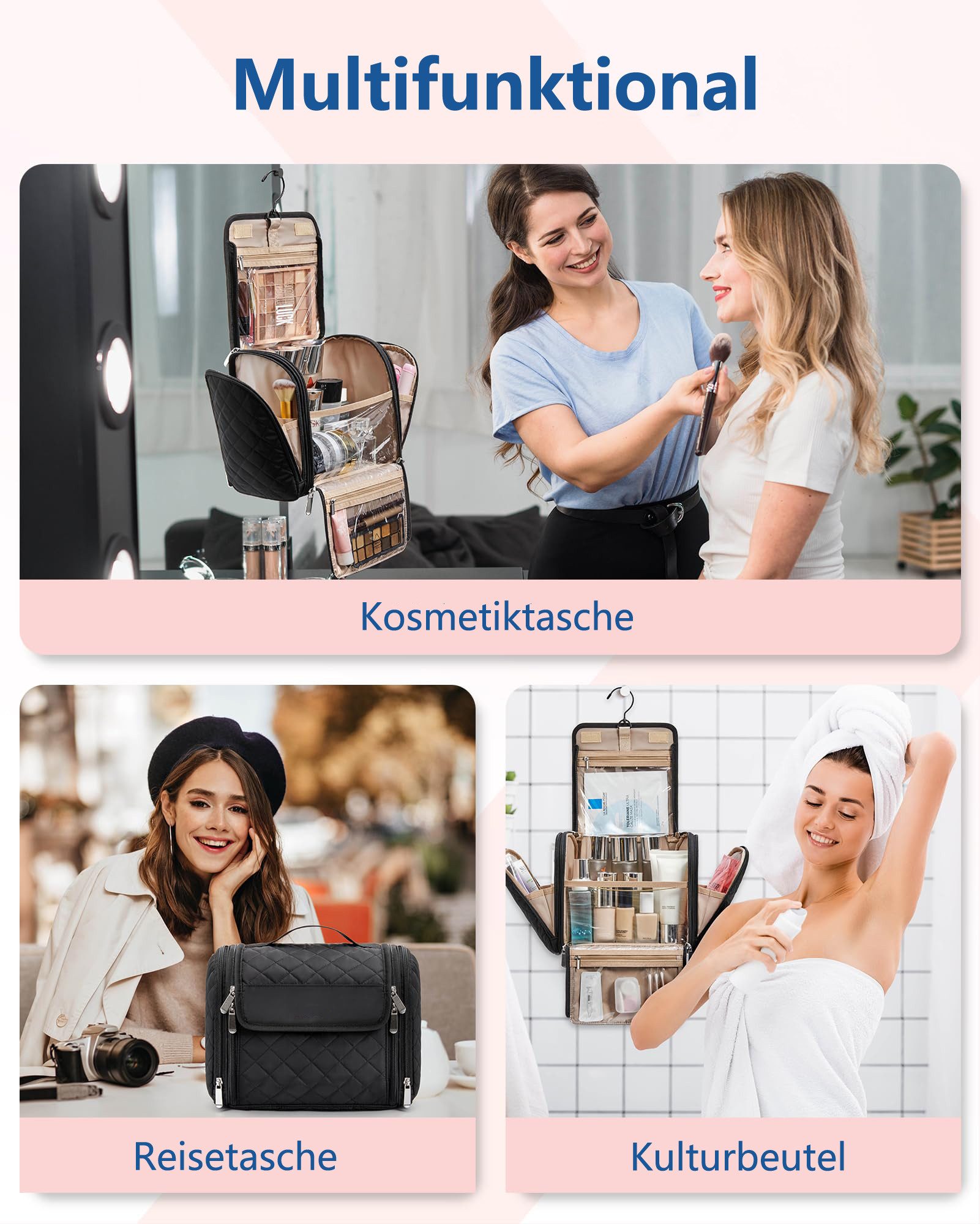 Zaewry Kosmetiktasche Kulturbeutel Damen, Kulturtasche zum Aufhängen, Toiletry Bag, Kosmetiktasche Reise Waschtasche Transparent für Makeup – Bild 4 von 5