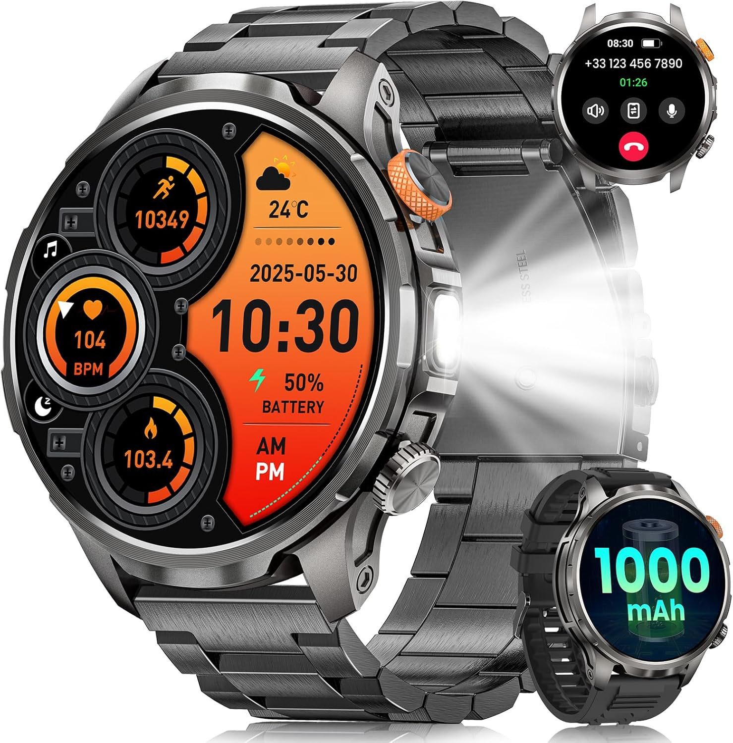 NAIXUES AK90 Smartwatch (4,8 cm, android ios), Smartwatch Herren mit Telefonfunktion Fitness Uhr 1.91 Zoll 5ATM