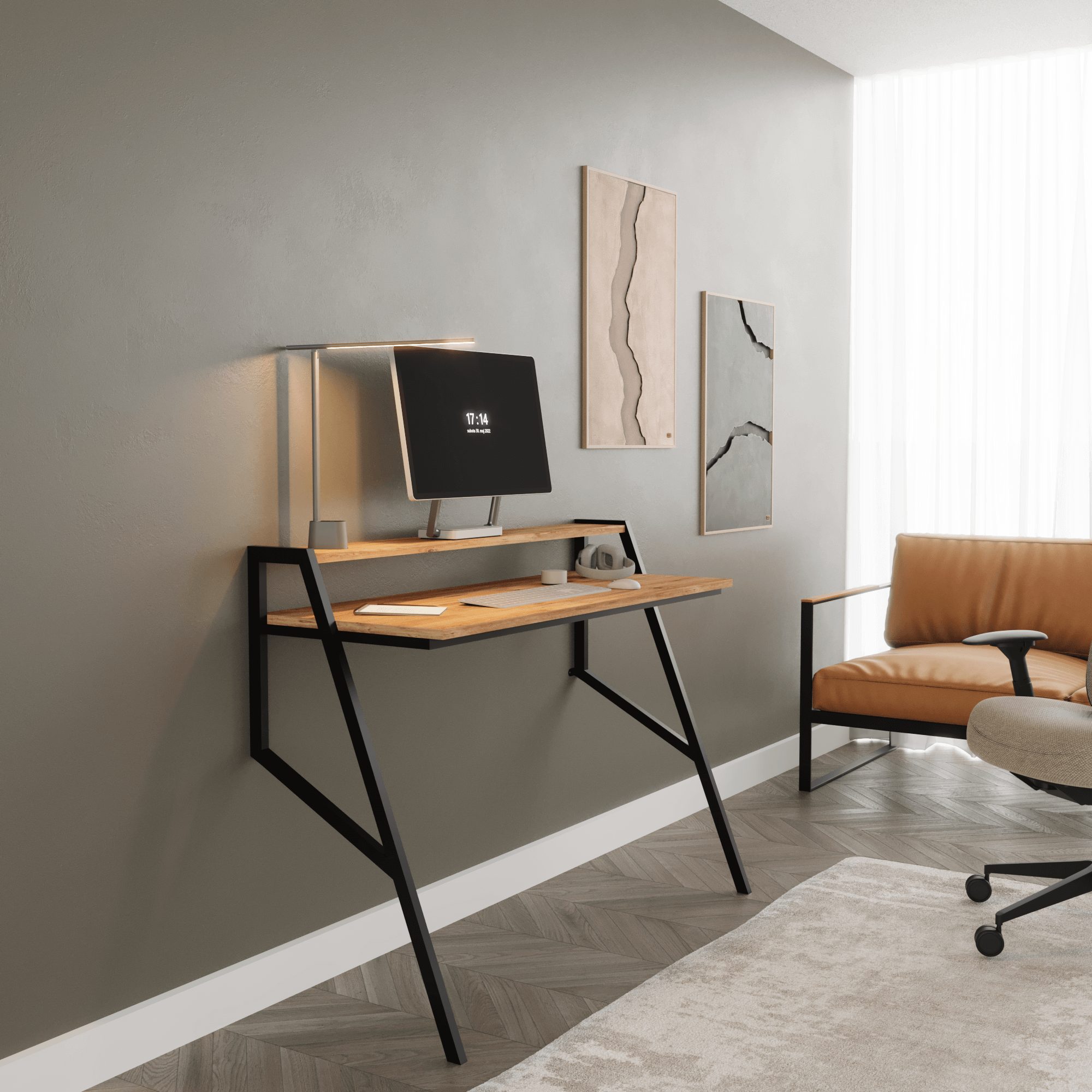 BDR Smart Home Art Schreibtisch Flamingo Schreibtisch mit Metallfüßen, Pine & Schwarz Stabil & Modern