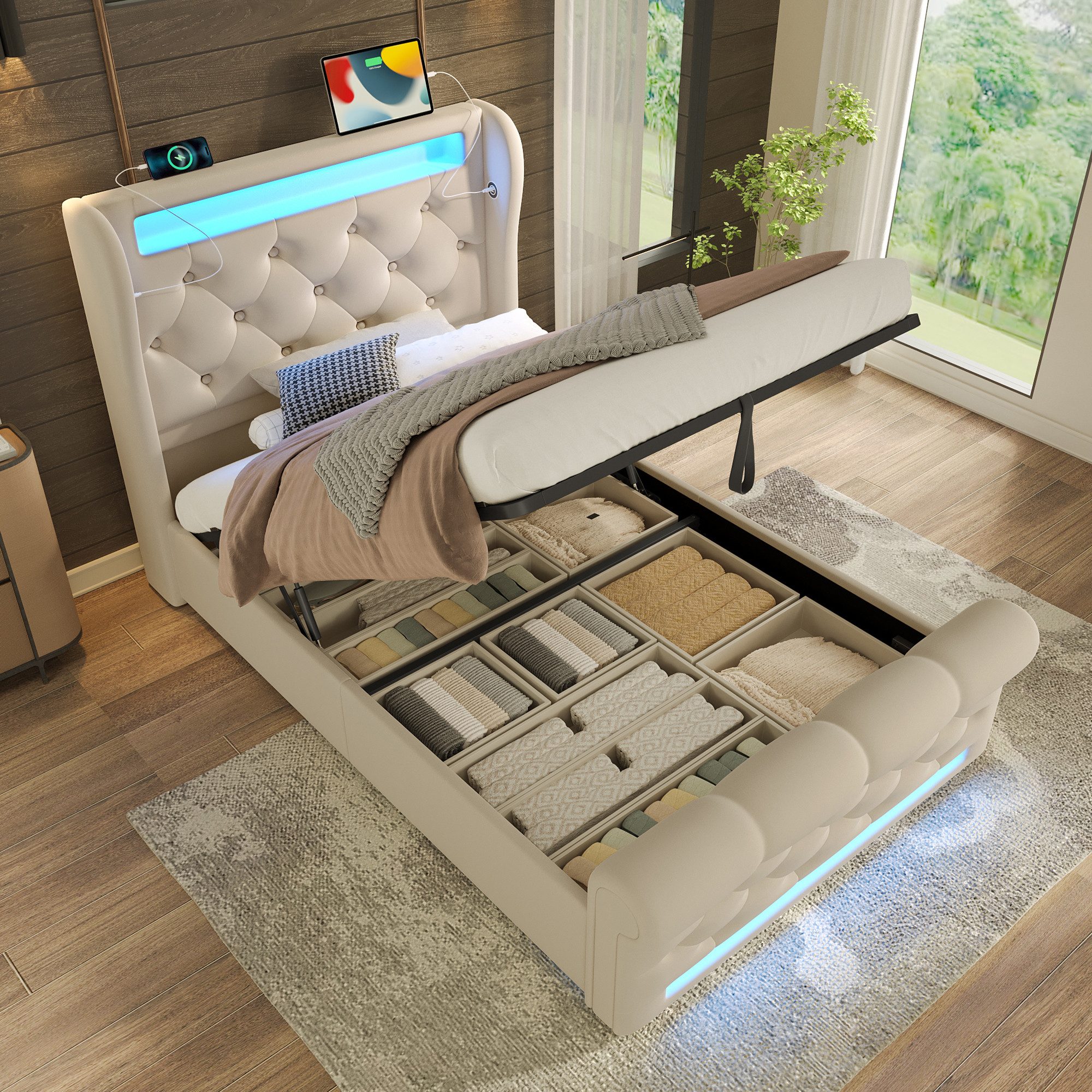 TavilaEcon Boxspringbett LED-Leuchten, Stauraum-Kopfteil mit USB- günstig online kaufen