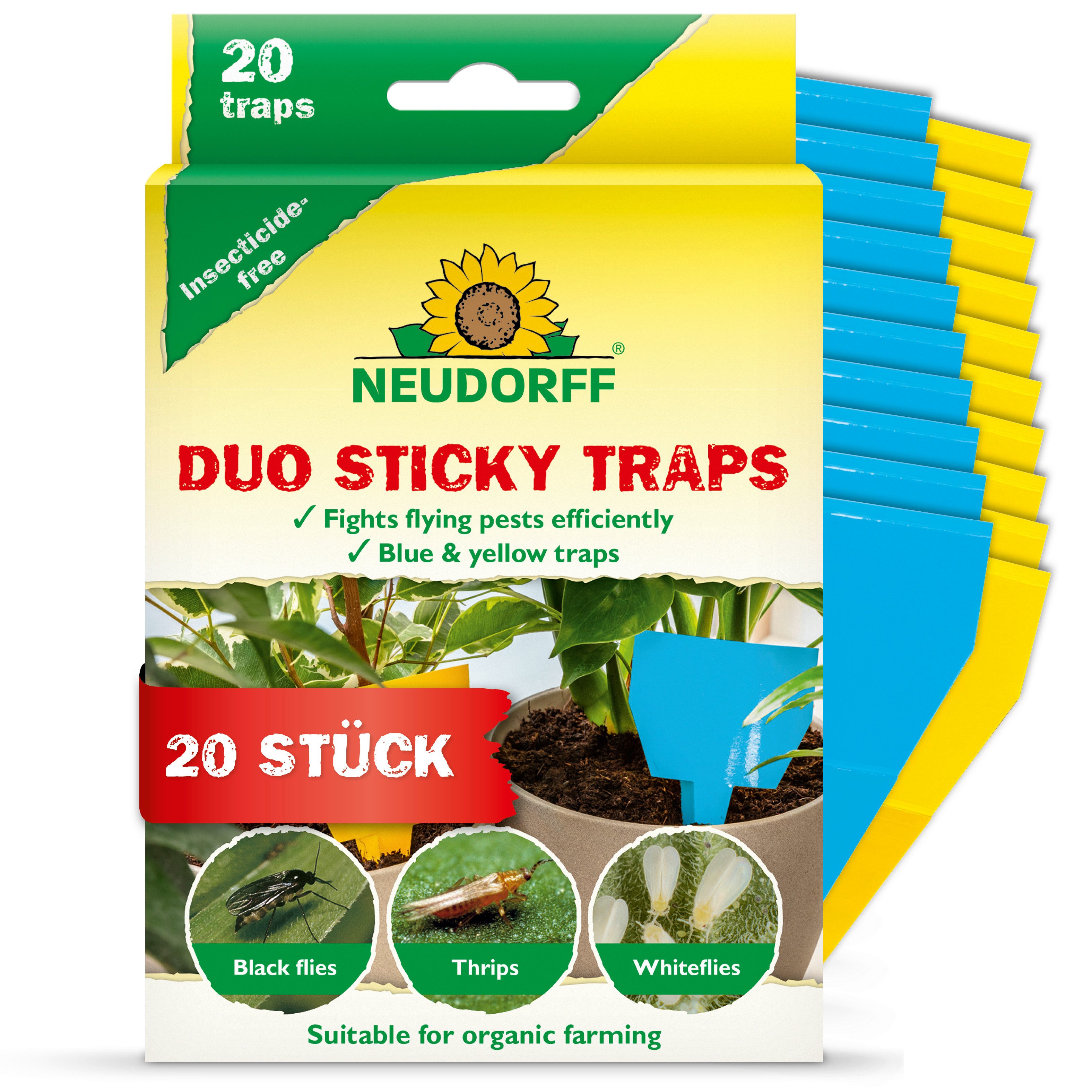 Neudorff Insektenfalle Duo Sticky Traps je 10 Gelbsticker und Blausticker, Gelb- und Blausticker mit Farbwirkung gegen Pflanzenschädlinge