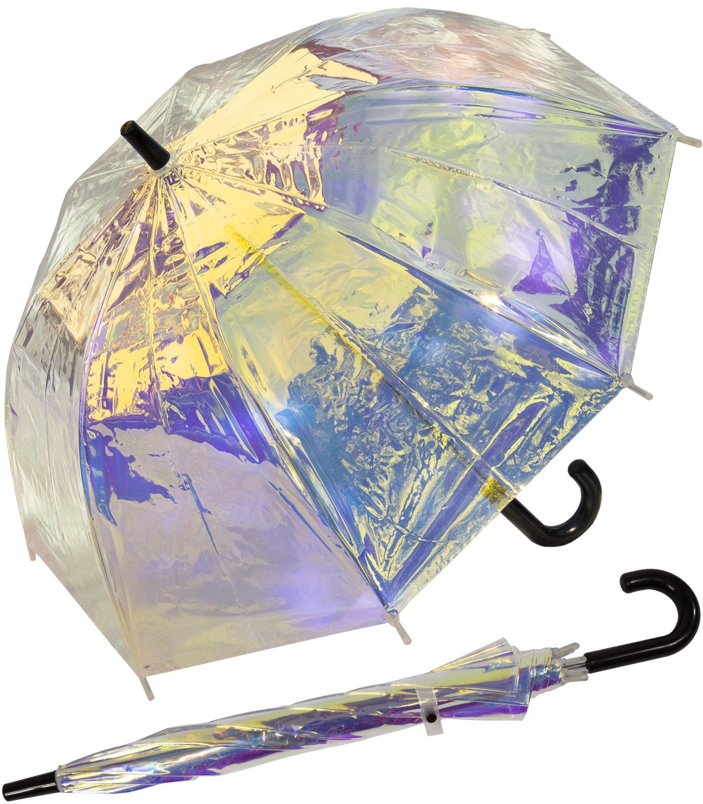 X-brella Stockregenschirm transparenter bunt Mädchen, Glockenschirm in für und Gold schillernd Pastellfarben