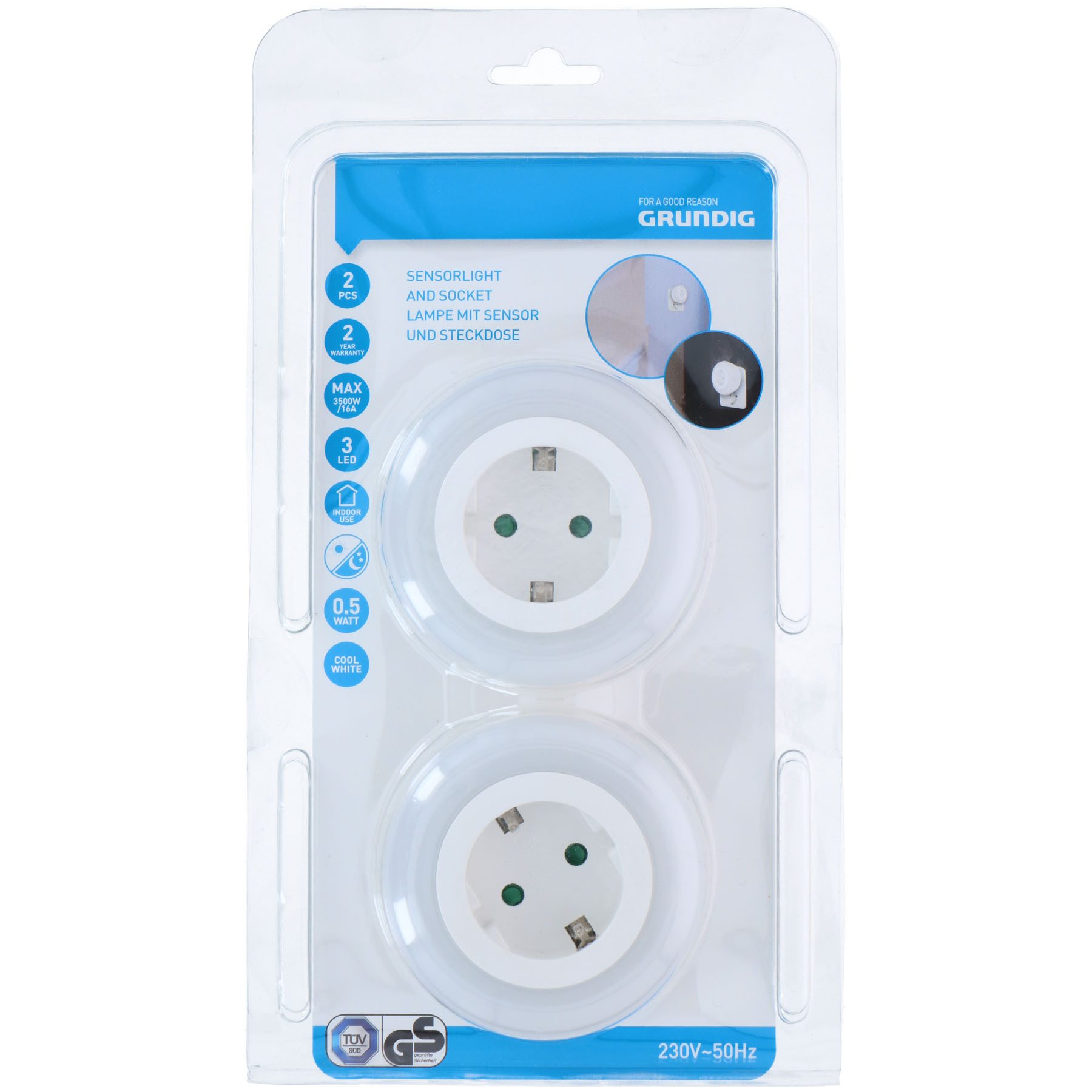 Grundig LED Nachtlicht LED Steckdosenlampe Nachtlampe Steckdose Lampe Licht Steckdosenlicht, LED fest integriert, Kaltweiß, 3 LEds mit Automatischer Tag- und Nachtsensor
