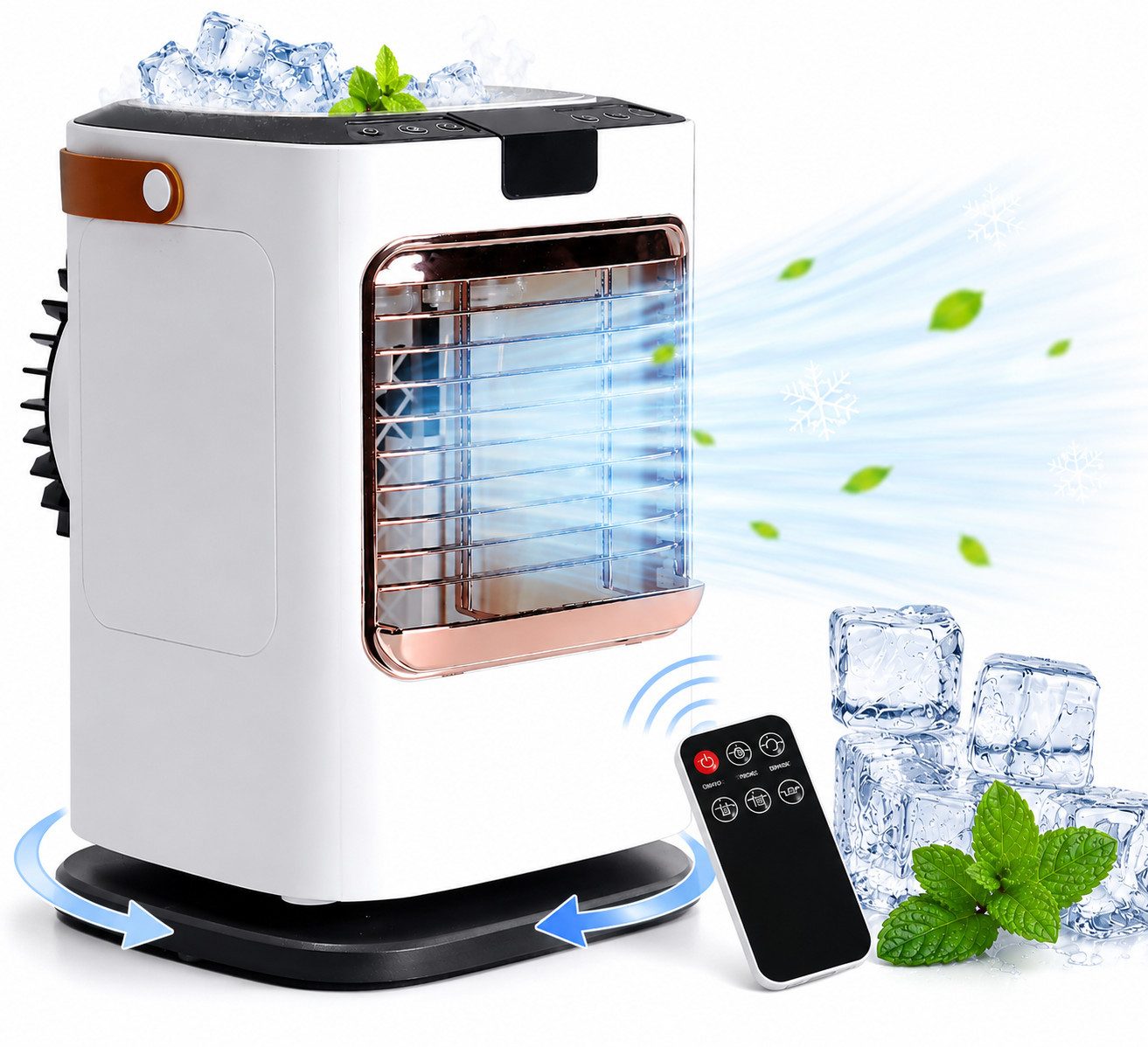 MOPUEA Ventilatorkombigerät Tragbarer Luftkühler 6 Stufen 7 Farben LED 120° Oszillation, Timerfunktion 1300ml Tank Fernbedienung USB Für Büro Schlafzimmer