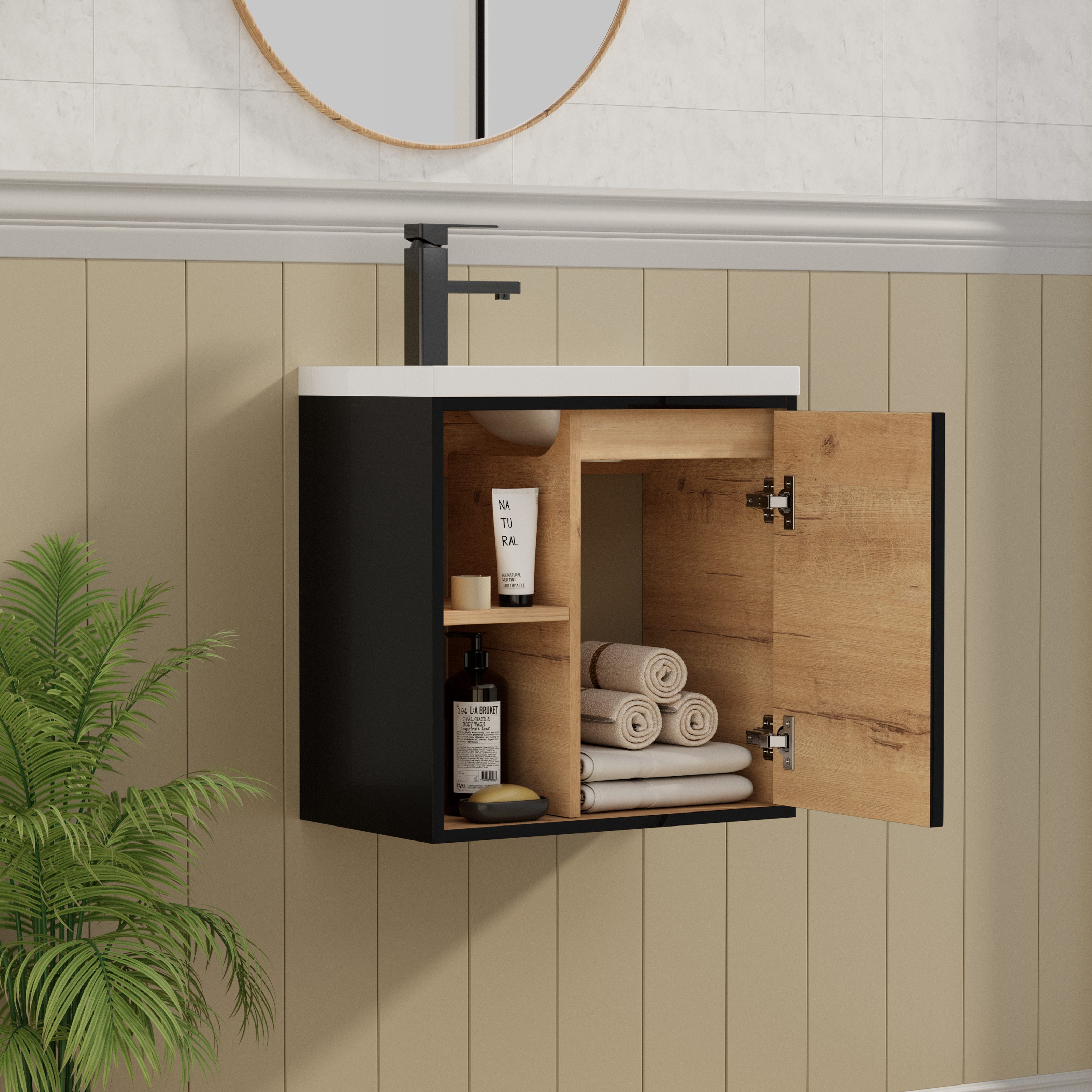 UEV Waschtisch klein Waschbecken mit Unterschrank set Badmöbel Gäste-WC (Breit 50cm, Komplett-Set, Badezimmmer Schrank für Gäste WC, Unterschrank mit Harzbecken Wasserhahn Pop-up-Ablassventil), Waschtischunterschrank hängend Breit 50,5cm