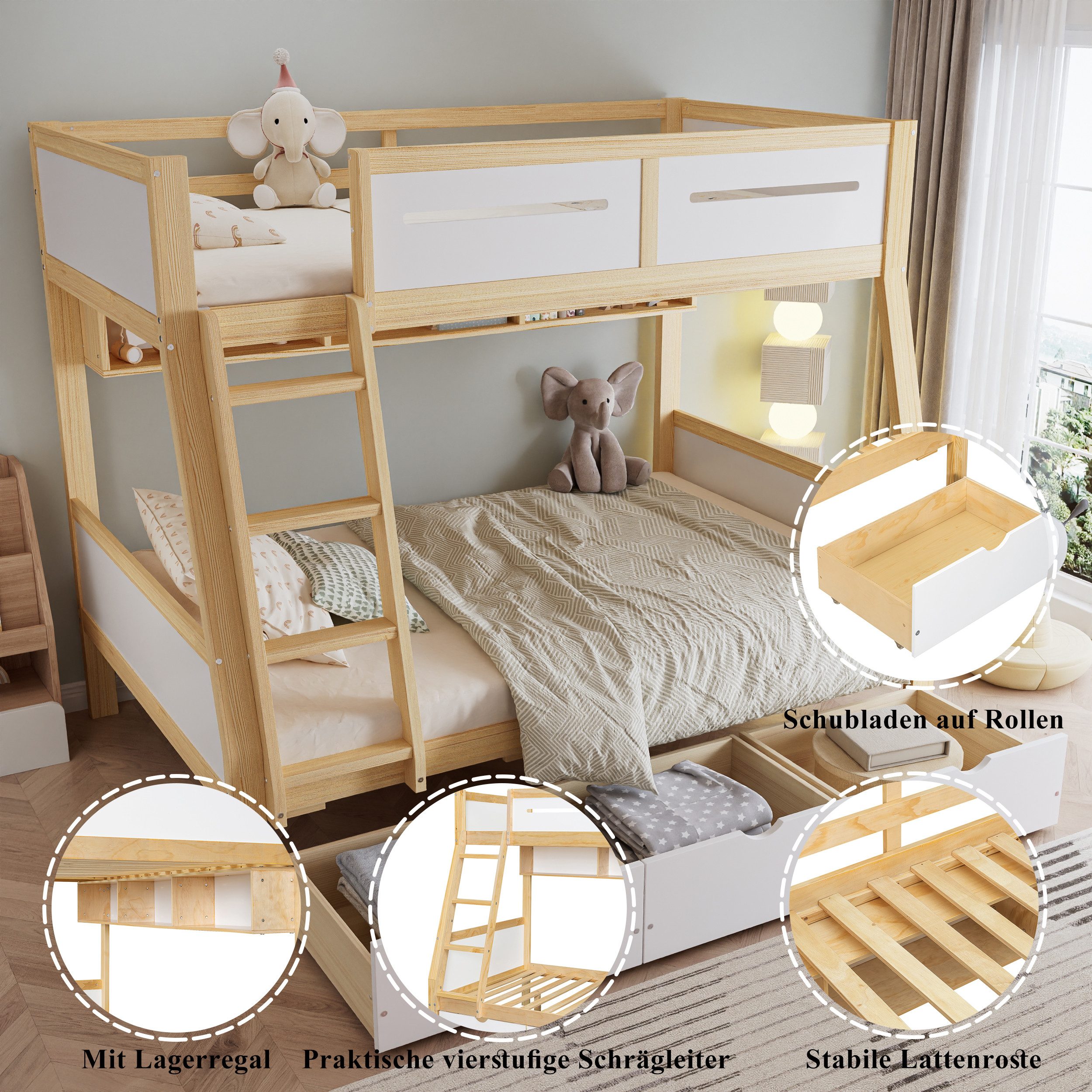 REDOM Etagenbett mit 3 Rollschubladen, 2m Bücherregal, sicherer Umzäunung (Kinder-Holzbett, Kinderbett, 90x200 & 120x200 cm), ohne Matratze