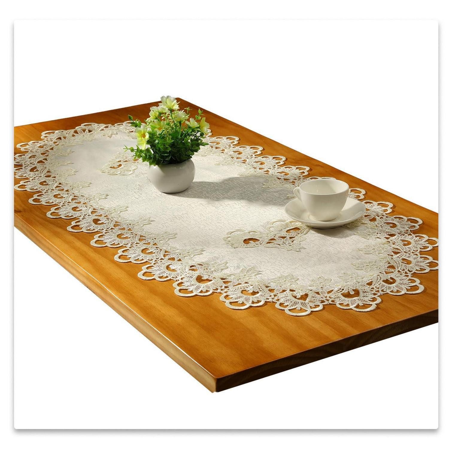 LuxusKollektion Tischläufer Oval Tischläufer Spitze Weiß 50x110cm (1-tlg)