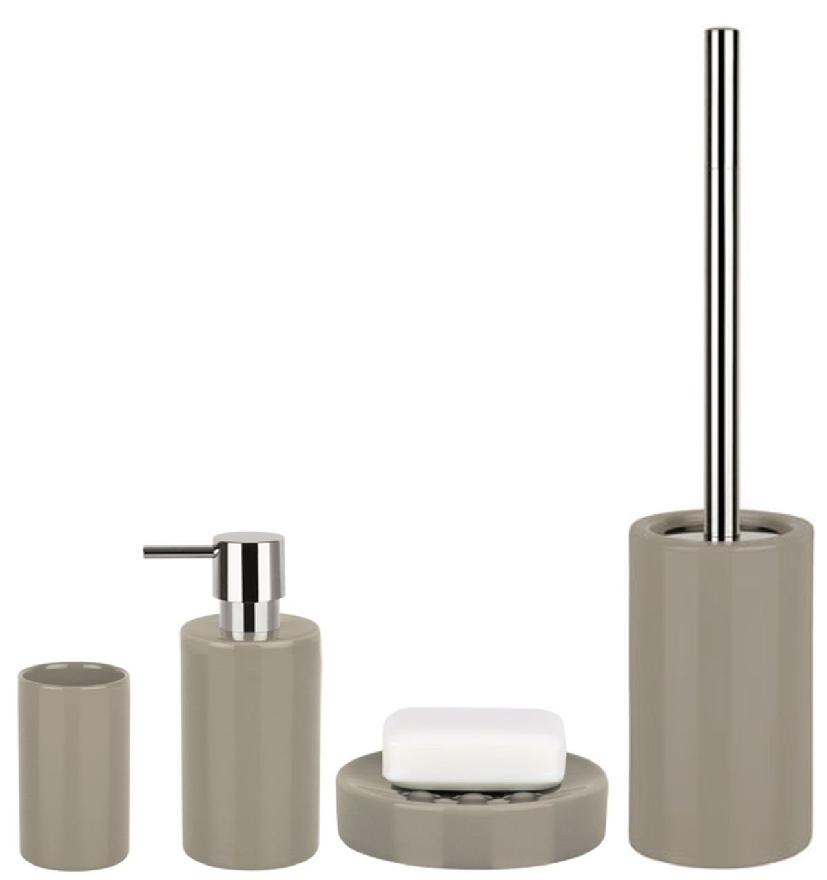 spirella Badaccessoires-Sets TUBE, Zubehör-Set aus hochwertiger Keramik, 4 tlg., bestehend aus: WC-Bürste, Seifenspender 300 ml, Zahnputzbecher, Seifenschale, elegante Glanz-Optik, taupe, Komplett-Set Badezimmerzubehör, 4 tlg., 4-tlg., Zubehör-Set aus hochwertiger Keramik, elegante Glanz-Optik, taupe