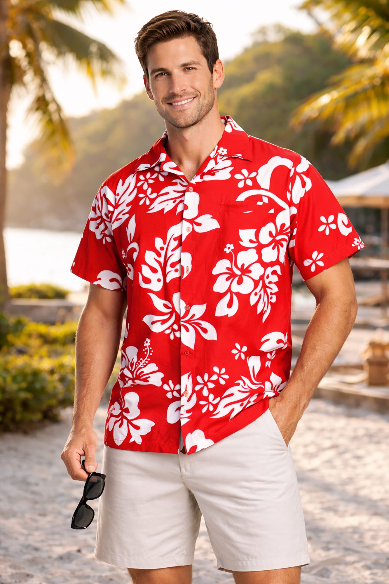 King Kameha Hawaiihemd "Hibiscus" Funky Hawaii-Hemd Herren Kurzarm Front-Tasche Stylish