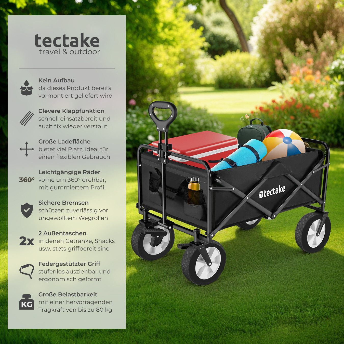 tectake Bollerwagen Faltbarer Handwagen Leon mit Bremsen, Belastbarkeit 80kg (1 Transportwagen, 1-tlg., 97L Volumen in Schwarz), abnehmbarer Stoffeinsatz mit 2 Netztaschen, gepolsterter Griff