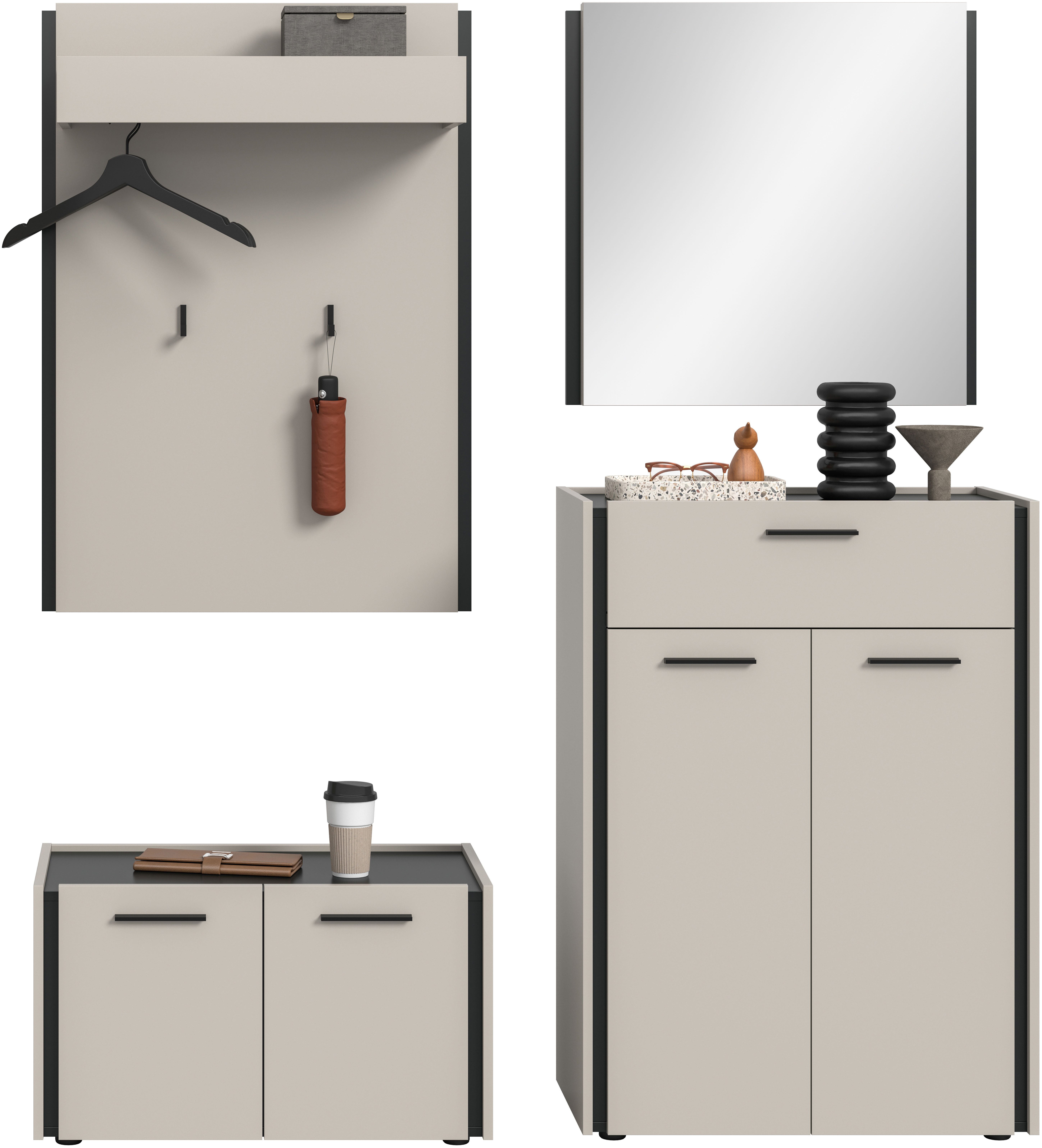 Home affaire Garderoben-Set RAK, 4-teilige Garderoben-Kombination, Breite ca. 165 cm, (4-St., Sitzbank, Garderobenpaneel, Schuhkommode, Spiegel), Garderobenkombination, Kombination, Set, Flurgarderobe, Diele