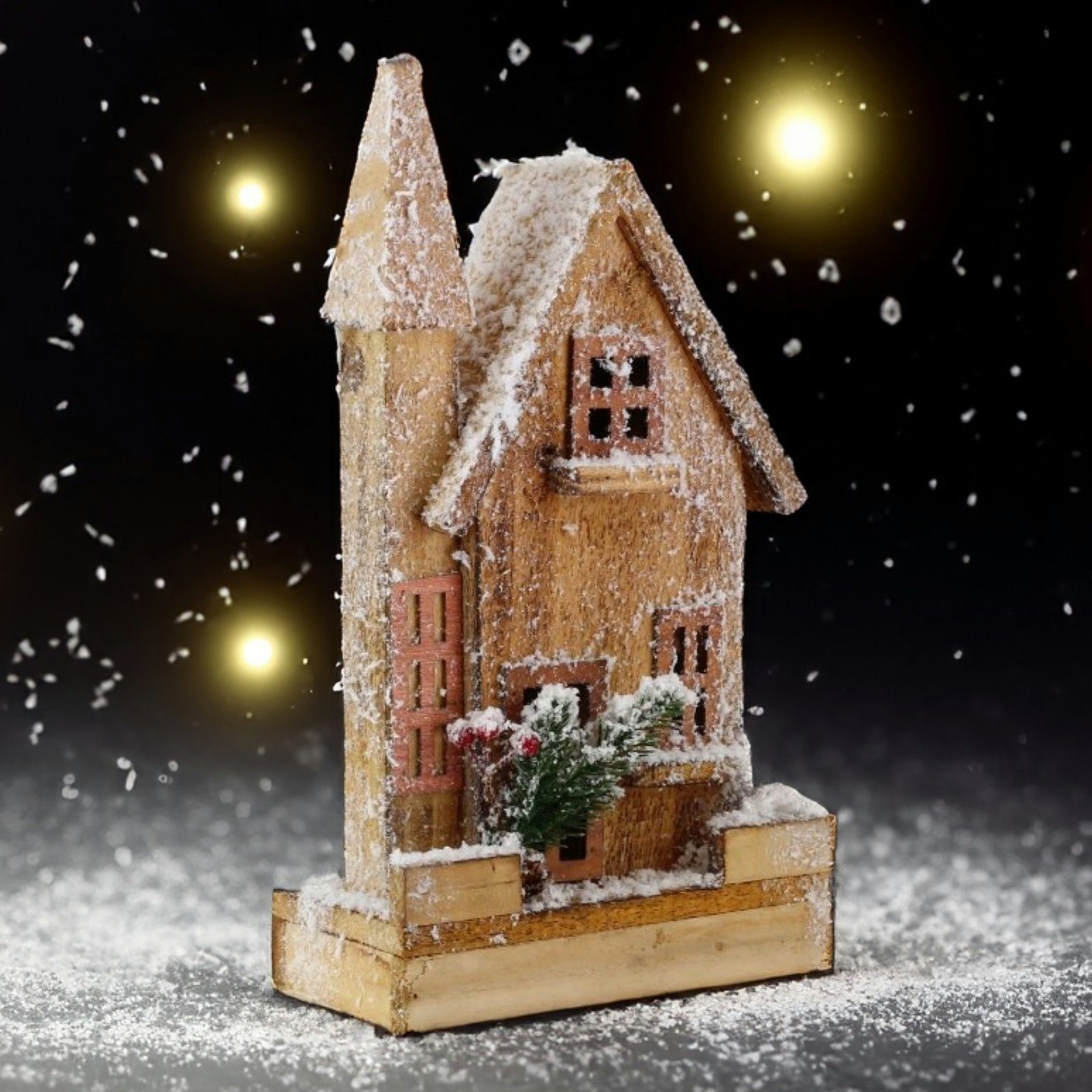 HAGO Weihnachtsfigur Weihnachtsdeko Winterlandschaft Haus Winterwonderland  Figur Holz LED