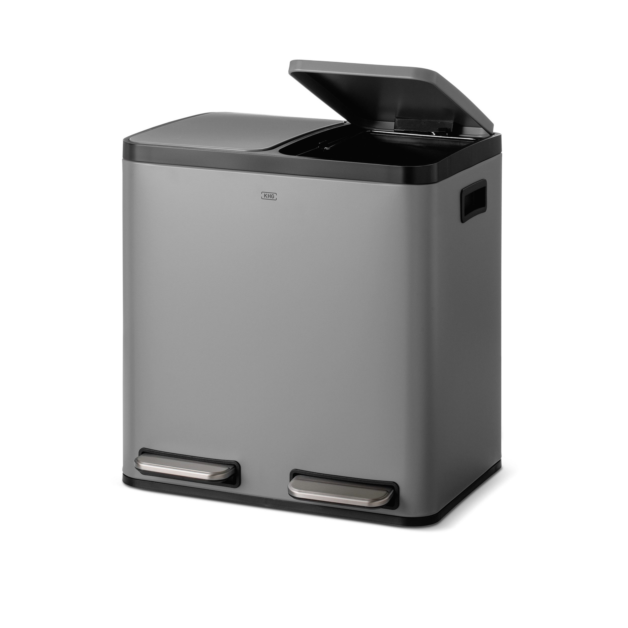 KHG Mülltrennsystem Mülleimer Grün pulverbeschichtet 30 Liter (2x15 L) Trittmechanismus, Metallgehäuse mit Griffmulden, herausnehmbare Kunststoff-Inneneimer