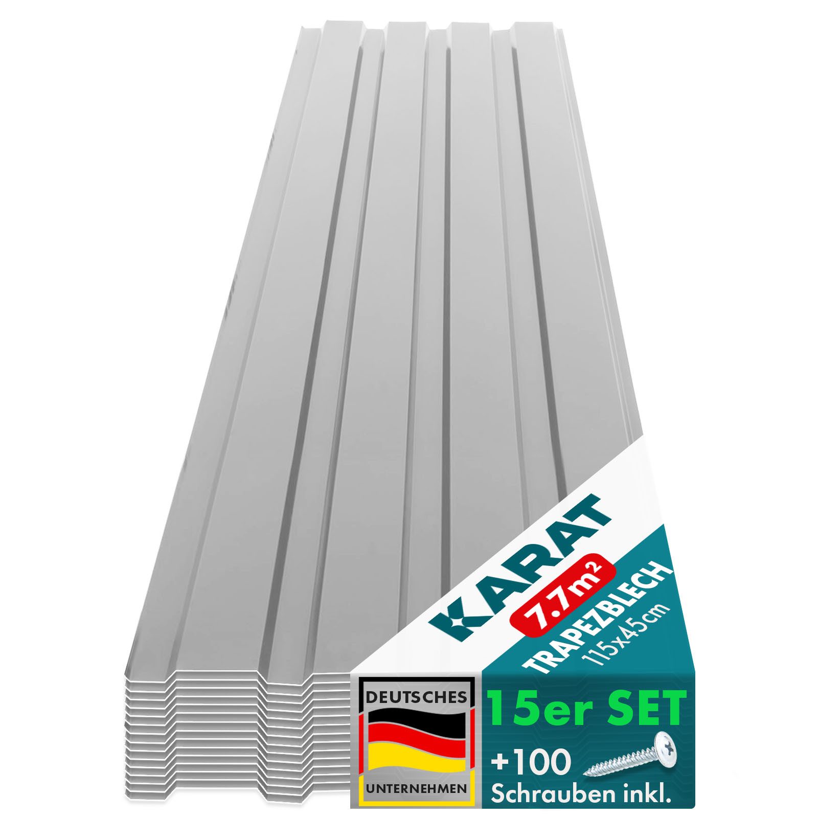 Karat Trapezblech Dachblech 7,7m² inkl Schrauben, Wandblech verzinkt, Profilblech, Blech verzinkt, 1150x450x0,25 mm (Spar-Set 15-St. 115x45 cm) wetterfest für Carport & Gartenhaus, verschiedene Farben