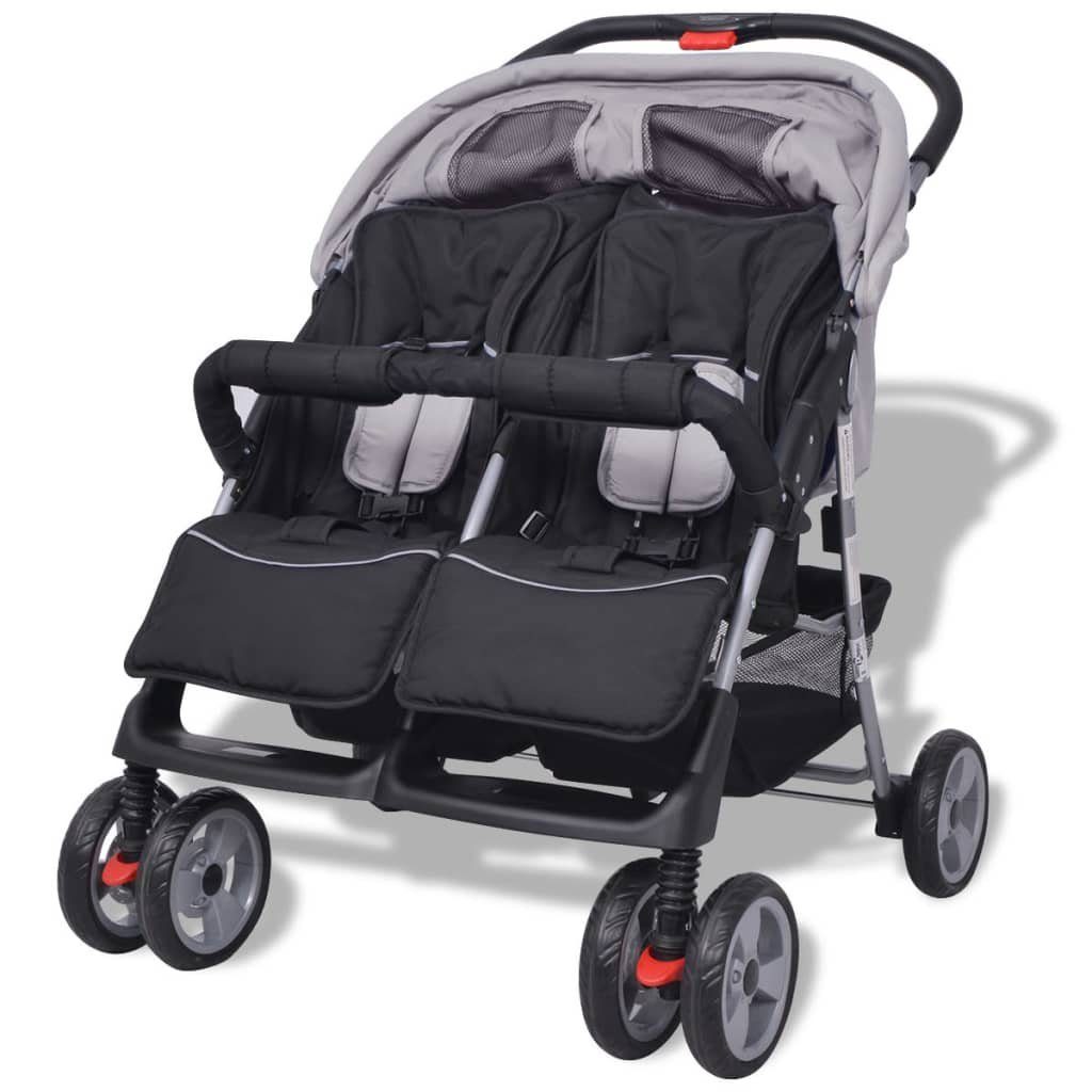 Zwillingskinderwagen Grau und | Grau Grau vidaXL Stahl Schwarz Kinder-Buggy