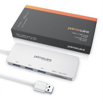 Primewire USB-Adapter USB-C zu USB 3.0 Typ A, microSD, SD, 15 cm, 3-Port USB 3.2 Gen1 Hub inkl. Kartenlesegerät microSD/SD Karten Slot