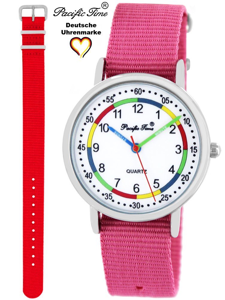 Pacific Time und und Lernuhr Mix Quarzuhr Armbanduhr Gratis rosa Set Versand rot Design Wechselarmband, Kinder First Match 
