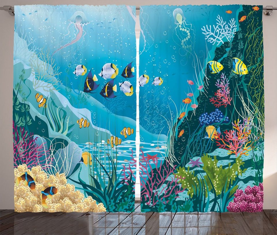 Vorhang Gardine mit Kräuselband Fisch und Schlaufen Abakuhaus, Haken, Schlafzimmer Unterwasserlandschaft