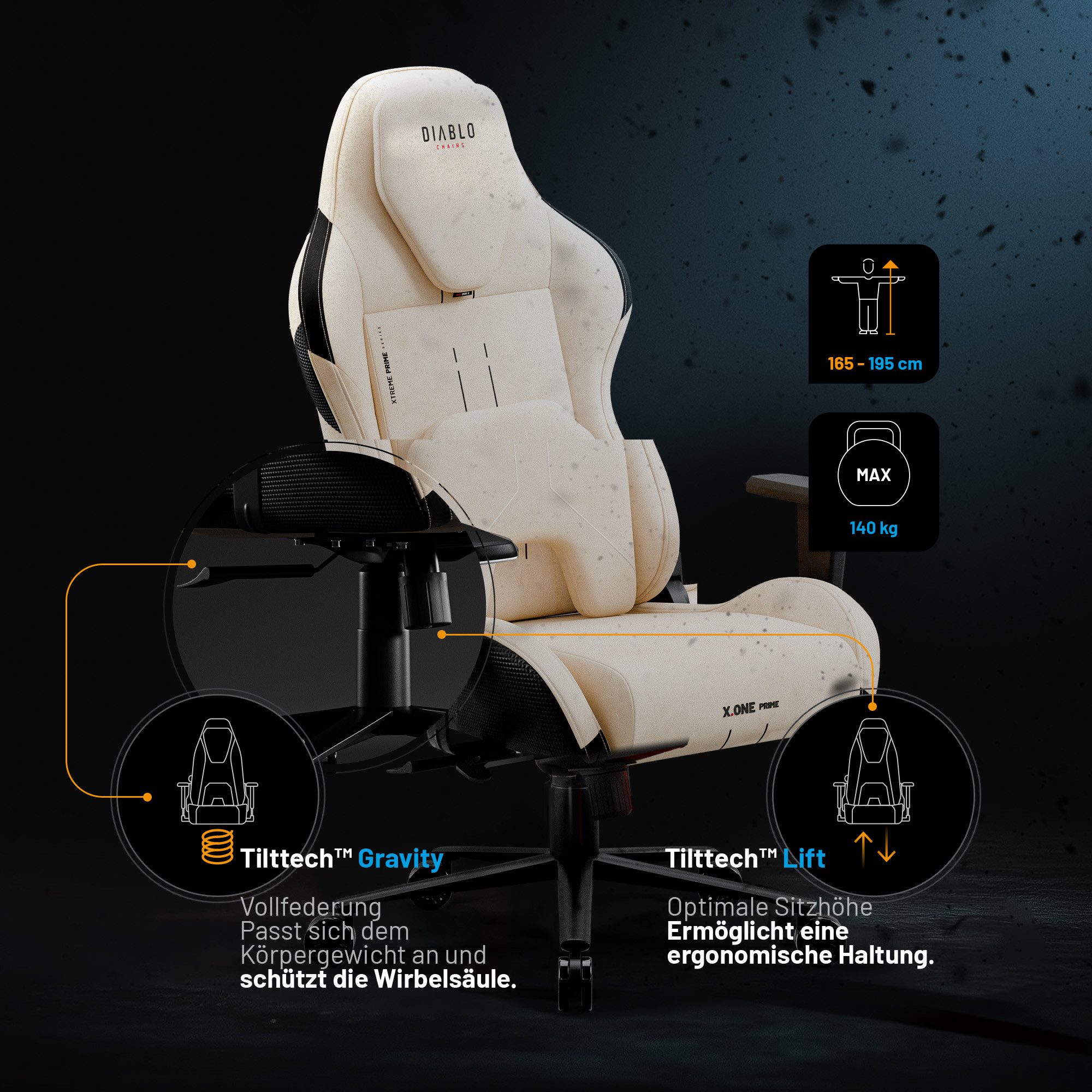 DIABLO CHAIRS Gaming-Stuhl X.One Prime Stoff ergonomisch Metallbasis 140kg CoolComfort (Magnetische Kopfstütze, Höhenverstellbare Armlehnen, Kühlender Sitz), Ko – Bild 3 von 5