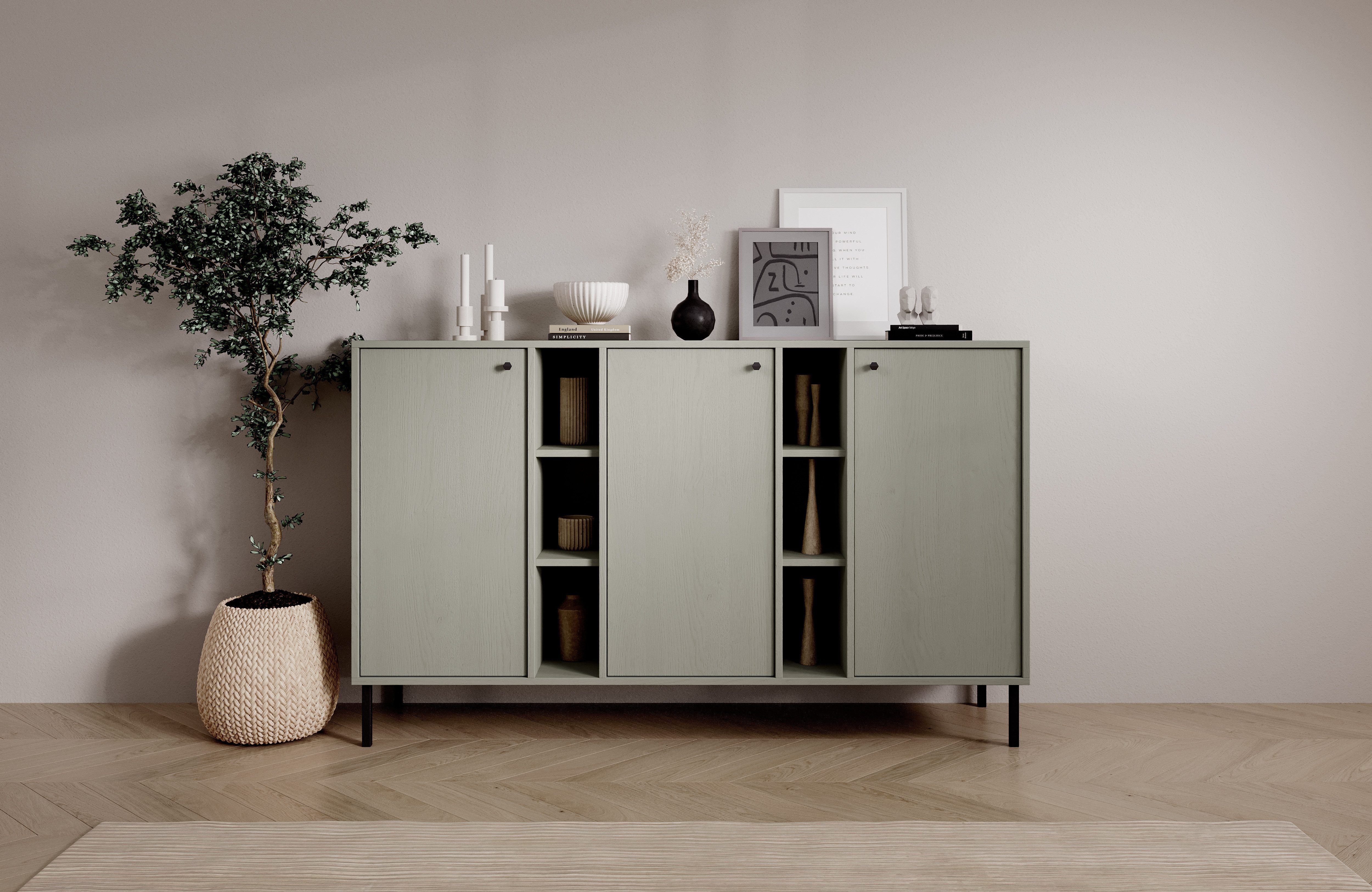 MOEBLO Kommode FREYA 3D 6P (Moderne Aufbewahrung mit 3 Türen, 12 Regalböden, Sideboard Wohnzimmer Kommode Schlafzimmer Komodenschrank Highboard - 3 Farben), (BxHxT): 155,7 x 95 x 40,8 cm