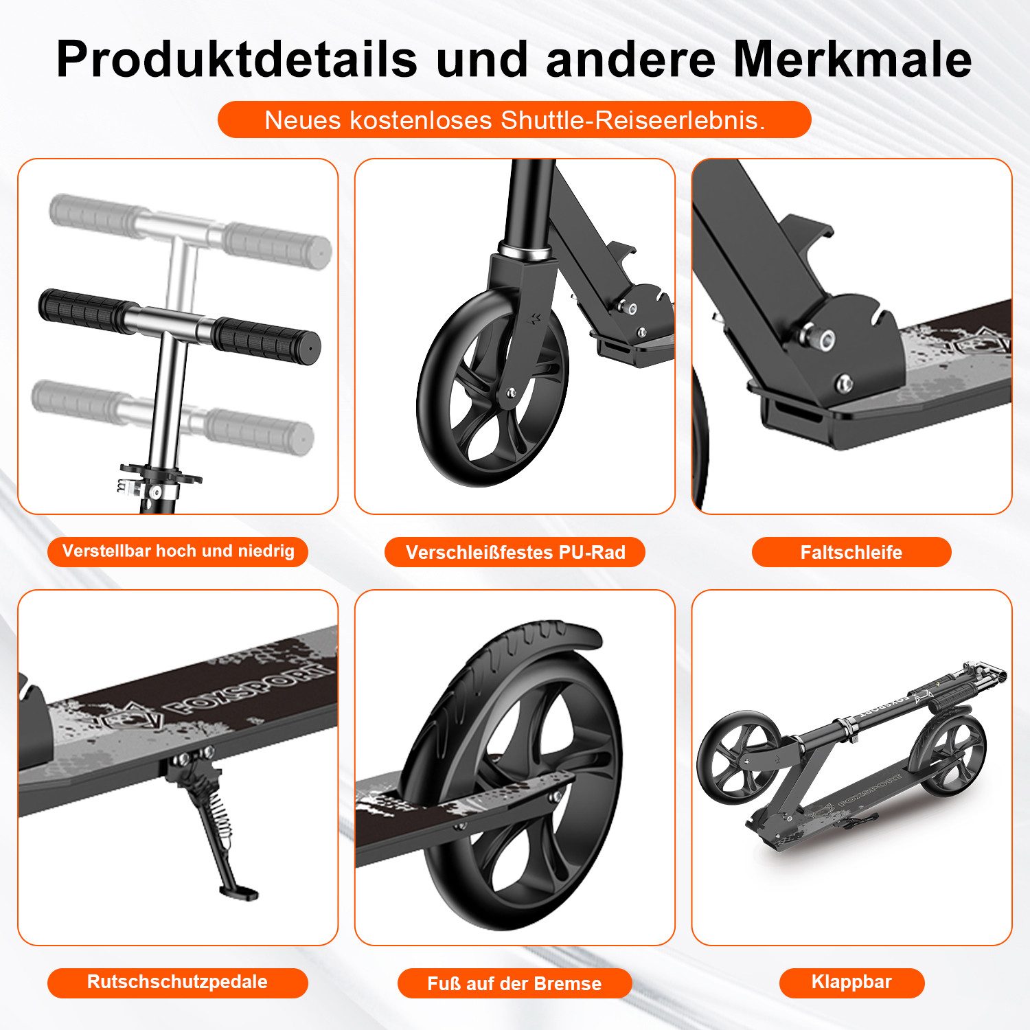 FOXSPORT Cityroller Leichter faltbarer, für Erwachsene und Kinder, 1 km/h, (Packung, mit Schutzblechen), klappbar&höhenverstellbar Scooter 200mm Räder Maximale  – Bild 4 von 5