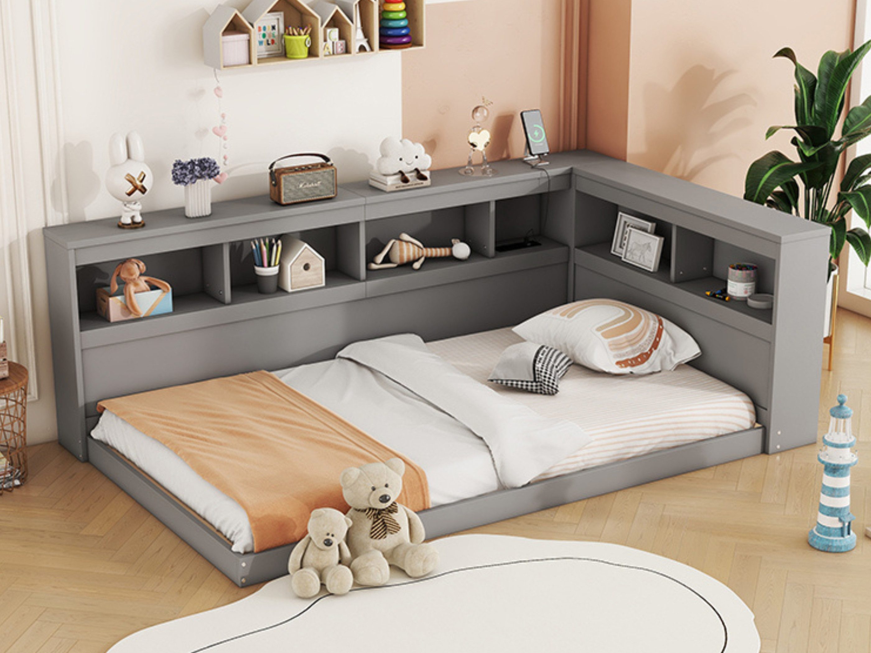 SeedWave Stauraumbett Bodenbett mit Lagerregal und Ladebuchse 90 x 200 cm, Einzelbett mit Lattenrost
