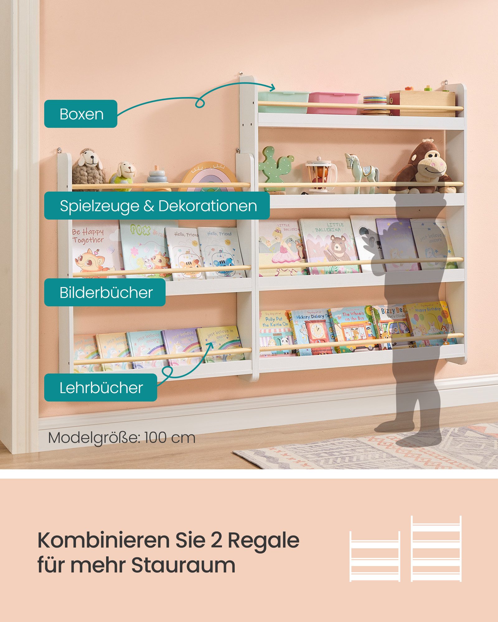 SONGMICS Spielzeugtruhe Kinderbücherregal, Wandregal und Spielzeugregal mit mehreren Ebenen, mit 3 Ebenen, für Kinderzimmer und Spielzimmer – Bild 5 von 5