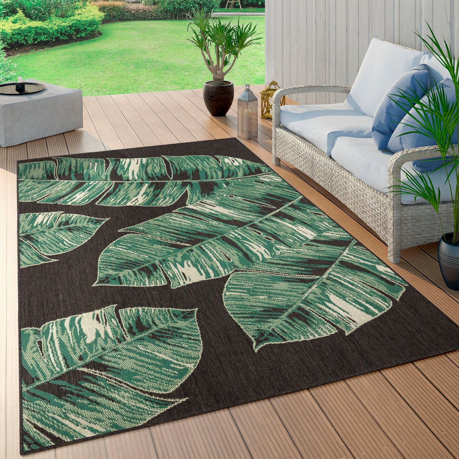 Höhe: Outdoor Teppich Paco rechteckig, In- mm, Ostende Home, und 4 geeignet, schwarz Flachgewebe, Palmenblätter, Wohnzimmer 553, Motiv