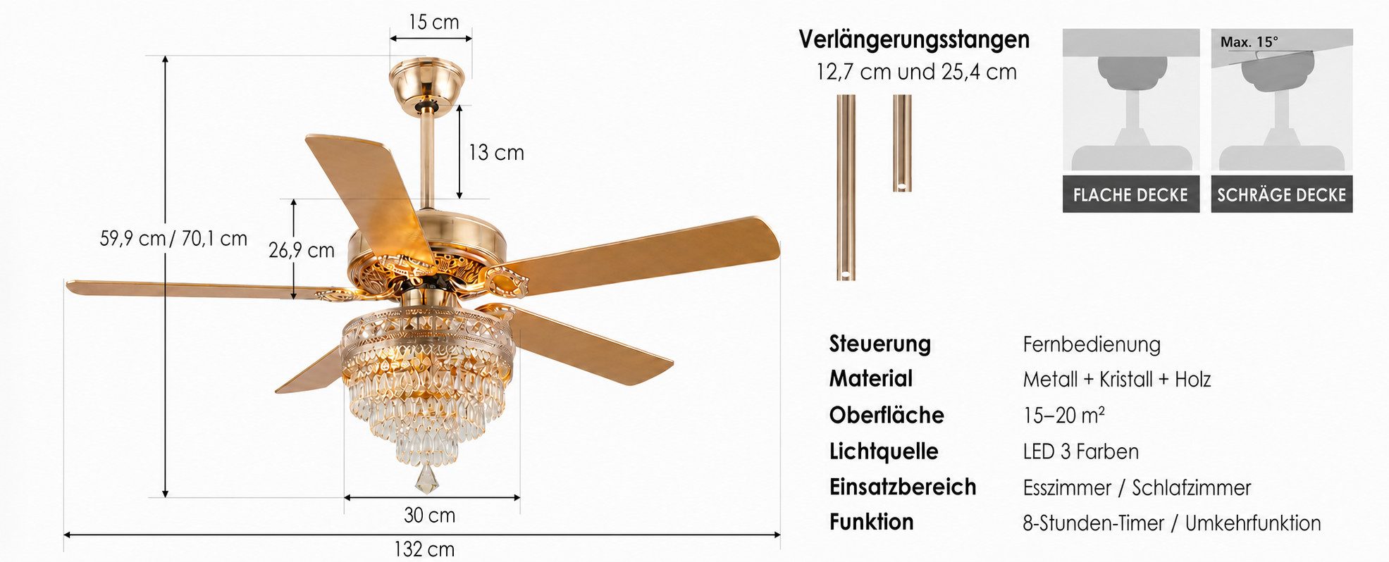 Surtime Deckenventilator im Kristall-Design, 5 wendbare Holzflügel, 6 Geschwindigkeitsstufen, LED-Beleuchtung mit 3 Farben, 70W, ⌀ 132 cm