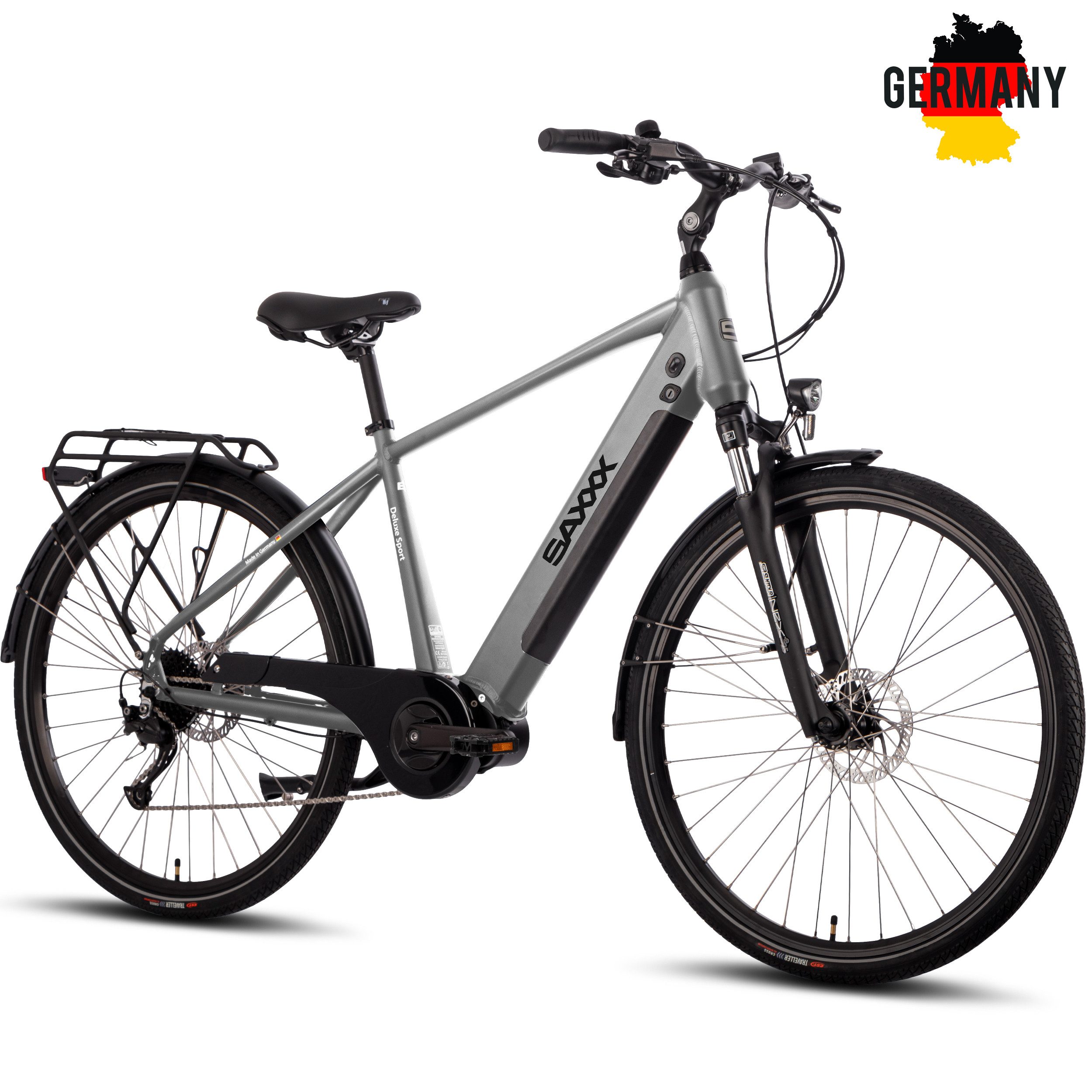 SAXXX E-Bike Cityrad 28 Zoll, 100km, 70Nm Mittelmotor, bis 130kg belastbar, 95% vormontiert, 9 Gang SHIMANO Alivio Schaltwerk, Kettenschaltung, Mittelmotor, 418 Wh, (Aluminium-Diamantrahmen, SR Federgabel, 5 Stufen mit Schiebehilfe), hydr. Bremsen, Pedelec, RH: 45/50 cm, Elektrofahrrad für Damen Herren