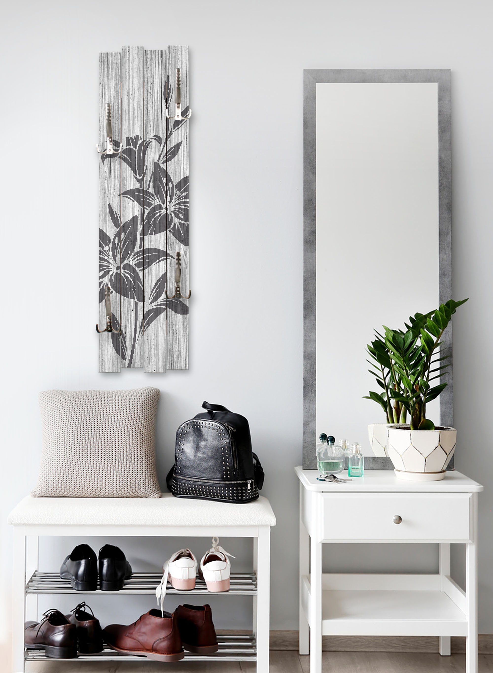 Kreative Feder Wandgarderobe Wand-Garderobe „Blüten“ aus Holz, Shabby-Chic; ca. 100 x 30 cm; mit 4 Haken; außergewöhnlich, modern