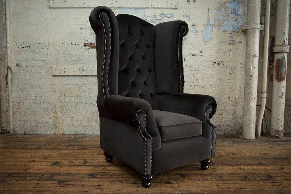 JVmoebel Ohrensessel Chesterfield Sessel Schwarz Polsterstoff, Made in Europa
