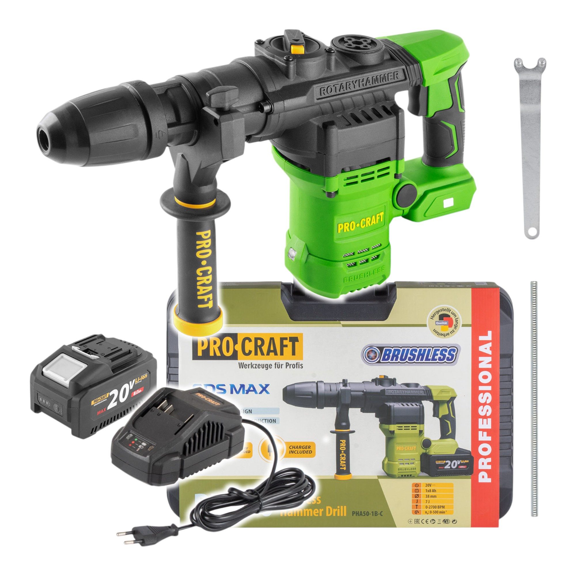 PRO CRAFT Akku-Bohrhammer PHA50-1B-C 20 V 7 J SDS max Brushless + 1x Akku 8,0Ah + Lader + Koffer