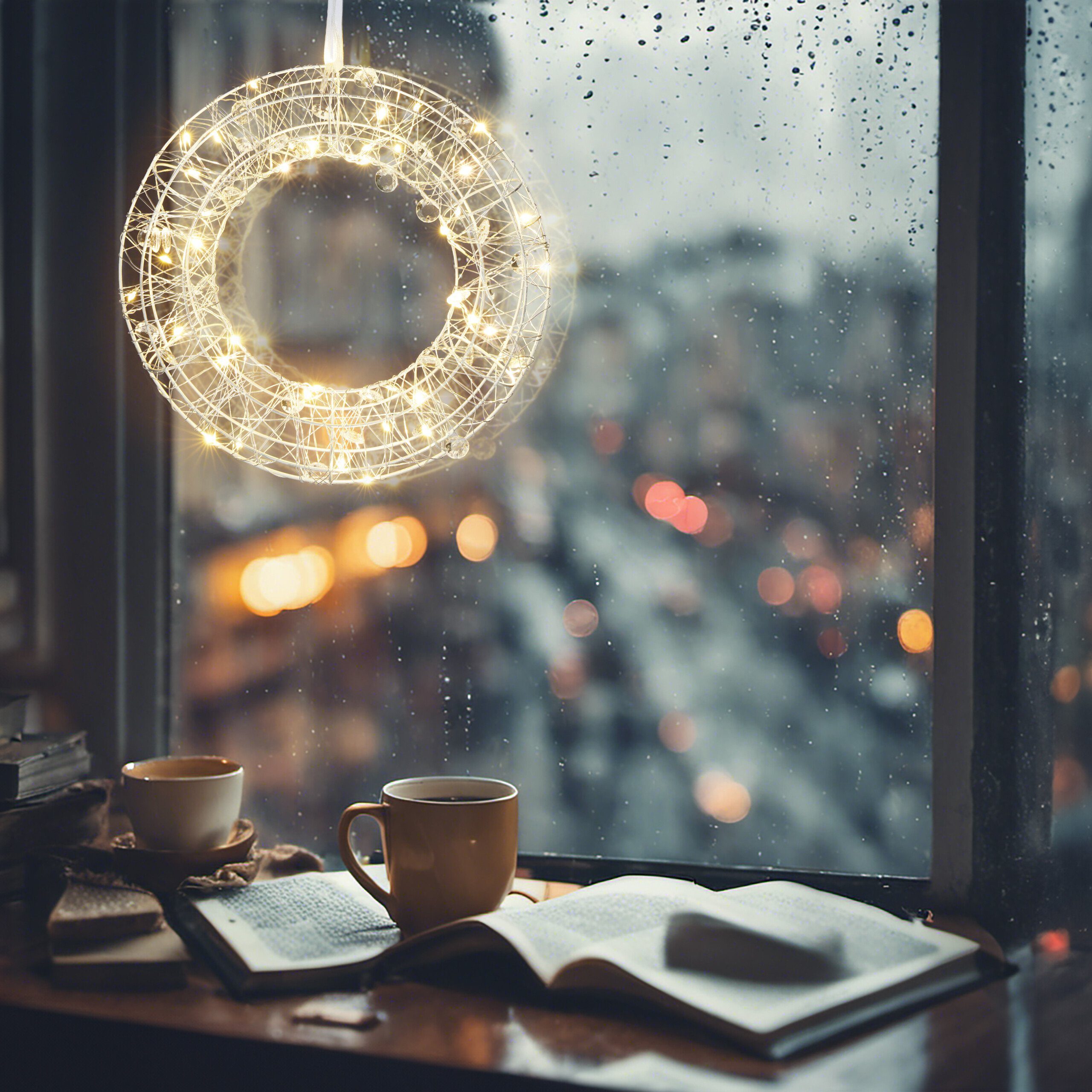 relaxdays LED Dekolicht LED Lichtkranz für das Fenster 25 cm, Warmweiße LEDs, batteriebetrieben mit 6-stündiger Abschaltautomatik, warmweiße LEDs, warmweiß
