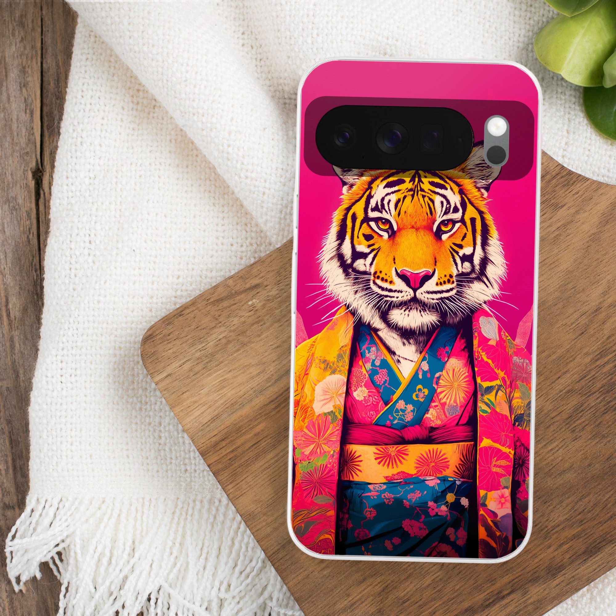 MuchoWow Handyhülle für Google Pixel 10 Tiger - Kimono - Pflanzen - Rosa, Phone Case, Silikon, Schutzhülle Dünn