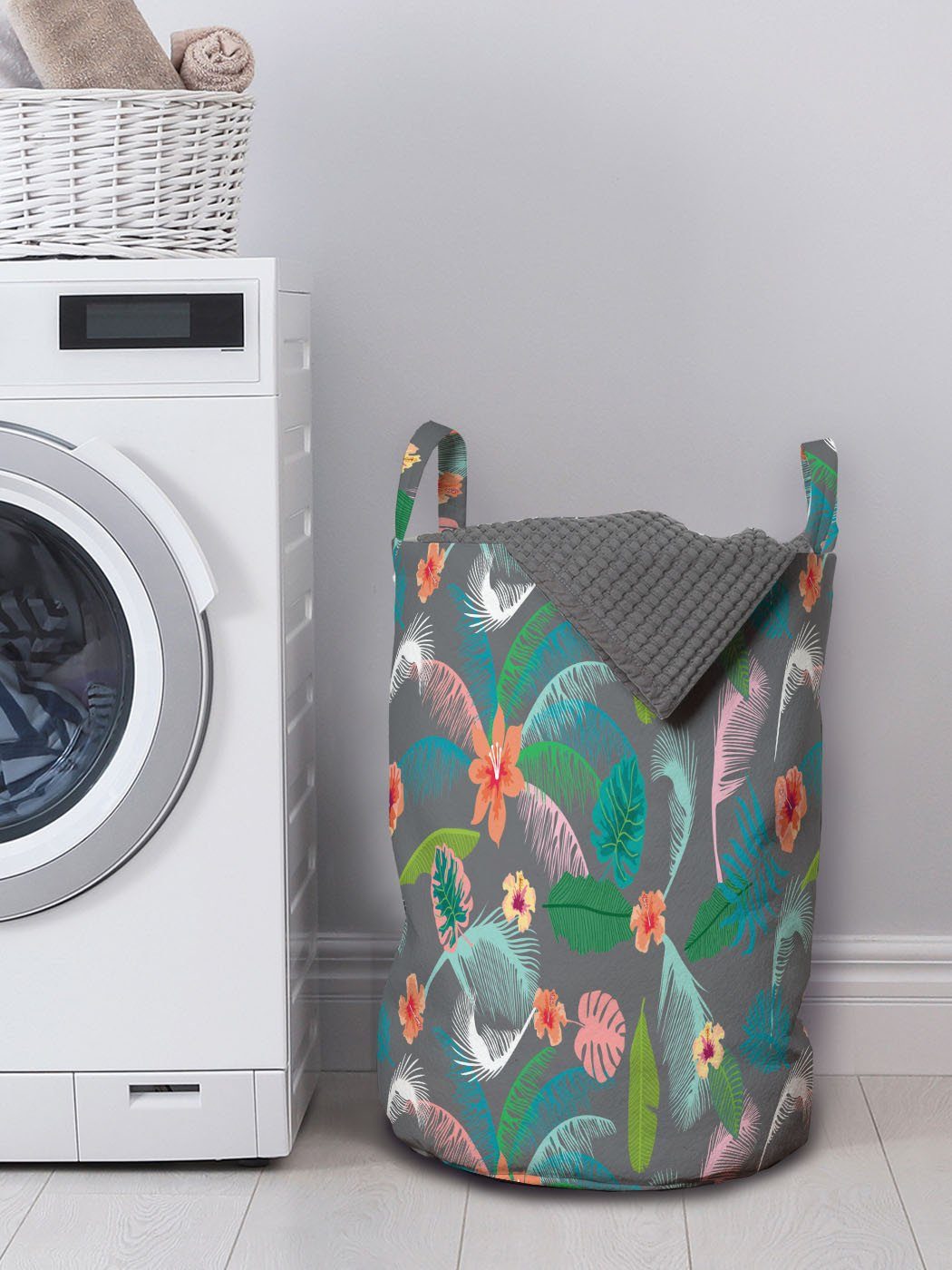 Abakuhaus Wäschesäckchen Wäschekorb für Waschsalons, mit Bananenblättern Pastell Griffen Blumen Stil Kordelzugverschluss