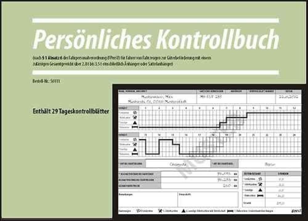 Formularblock Kontrollbuch Fahrtenbuch §1 Abs.6 FpersV 29 Kontrolltagesblätter