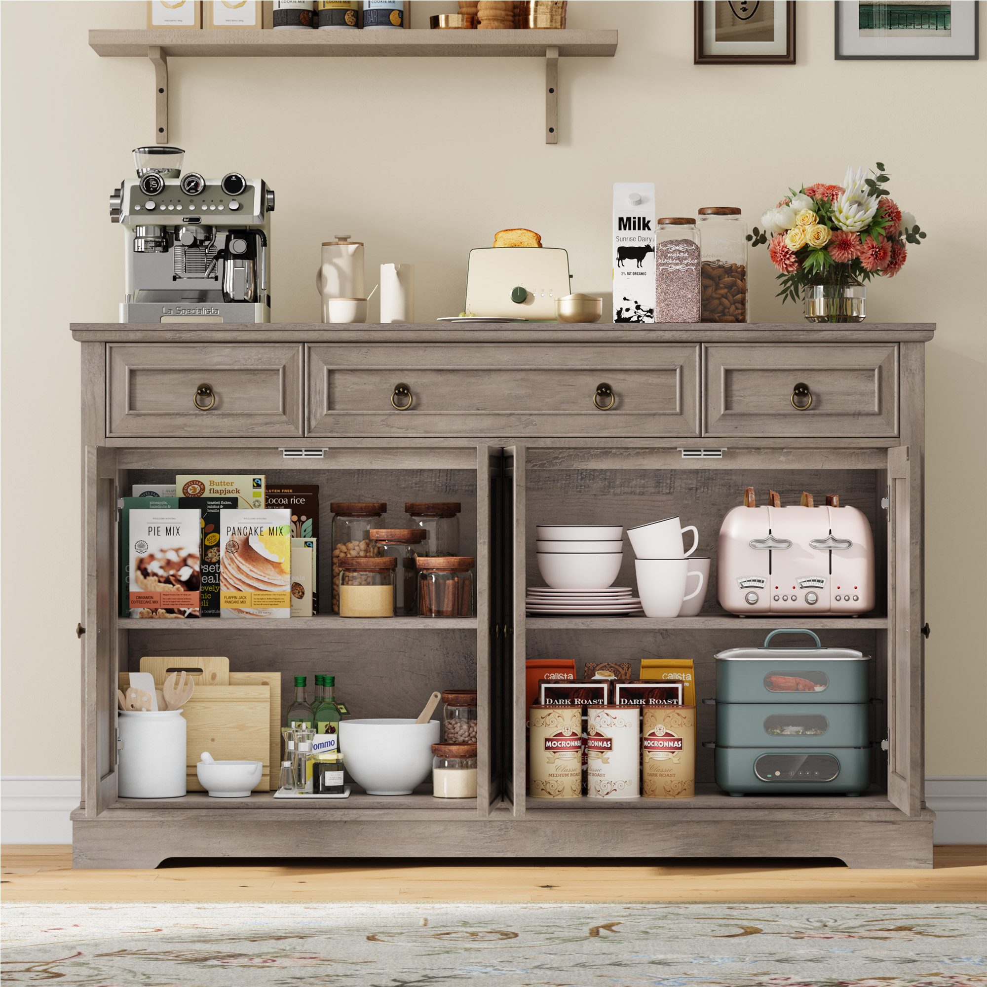 Homfa Sideboard für Wohnzimmer Küche, Küchenschrank Buffetschrank mit 3 Schubladen 4 Türen TV-Schrank braun – Bild 3 von 5