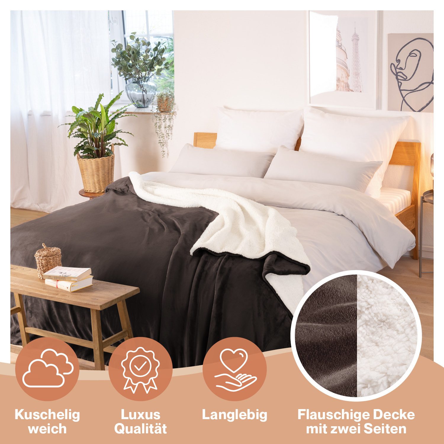 Wohndecke Sherpa-Fleecedecke, Oeko-TEX Zertifiziert, Blumtal, hochwertig, weich, warm, flauschig