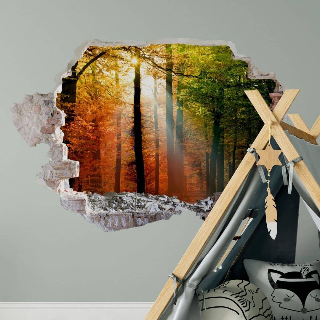 K&L Wall Deko Herbst Bäume Aufkleber 3D Art Wandsticker, Wandbild Wandtattoo goldener Mauerdurchbruch selbstklebend Wandtattoo Wald