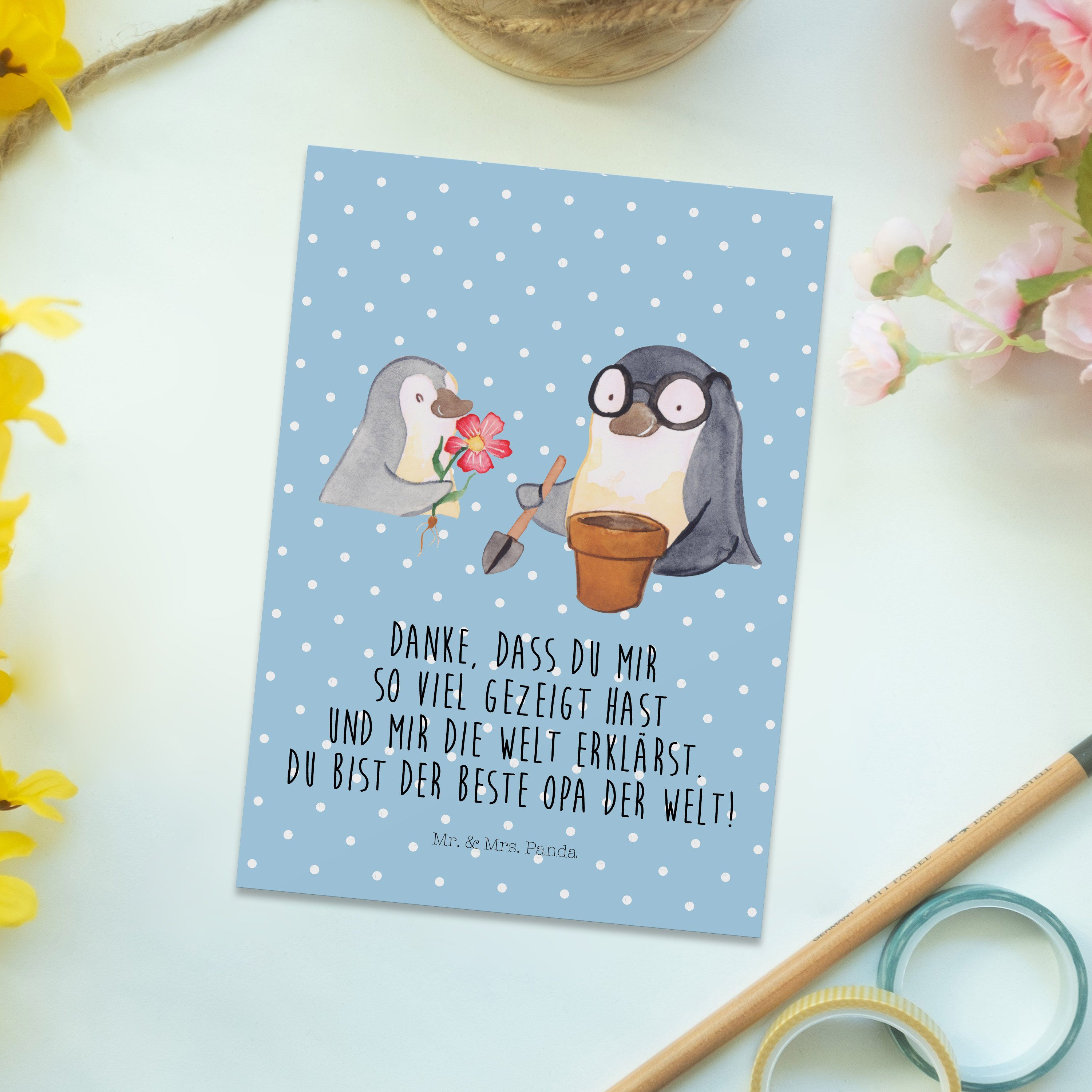 Opa, Postkarte - & - Blau Geschenk, Ge Blumen Opa bester Pinguin Mr. Mrs. Panda pflanzen Pastell